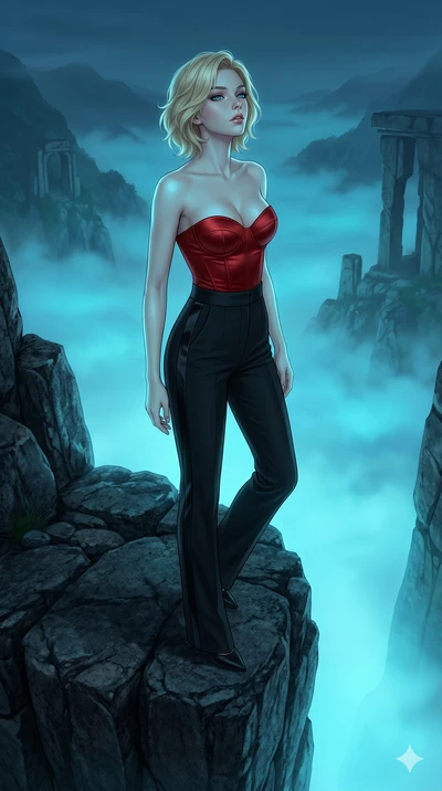 score_9, masterpiece, best quality, ultra-detailed, high-budget anime keyframe, editorial fashion photography, tasteful artistic composition, Caucasian woman, strictly human ears. cowboy shot from the thighs up, character and outfit filling the frame