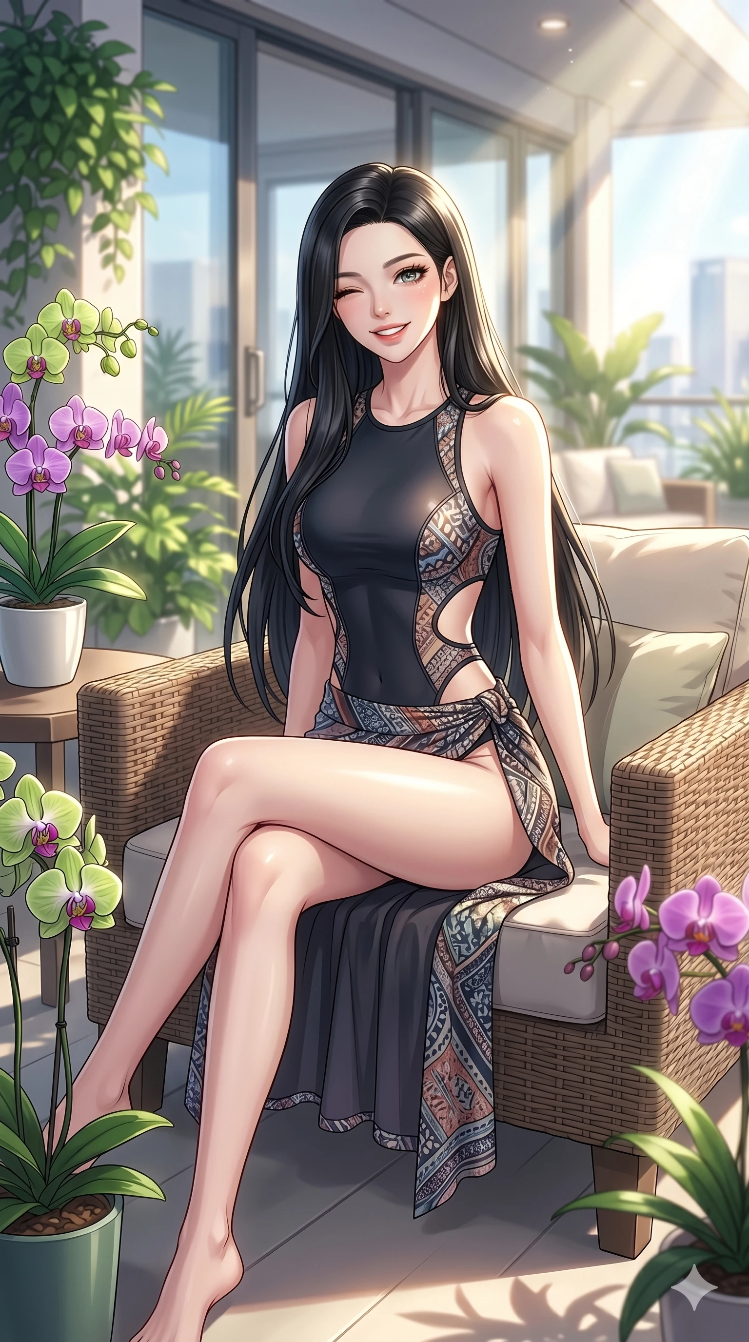 score_9, masterpiece, best quality, ultra-detailed, high-budget anime keyframe, vibrant anime aesthetic, Korean woman. cowboy shot from the thighs up, character and outfit filling the frame for maximum presence. She is sitting in a sunlit lounge, winking with a cheerful and lively expression on a private terrace decorated with spring orchids (Code-P20-071). She has an absolutely perfect 8-heads proportion, an exceptionally tall and slender female figure with impossibly long slender legs and an ultra-slim waist. V-shaped jawline, high-bridge nose, intricate jewel-like eyes with depth, thick eyelashes, glossy lips with a natural sheen. wearing a neoprene bodysuit with side cut-outs and high-slit wrap. She is lit from the side by bright sun rays, tracing the contours of her body in the morning. 2k, ultra detail, master piece, 9:16 ratio
