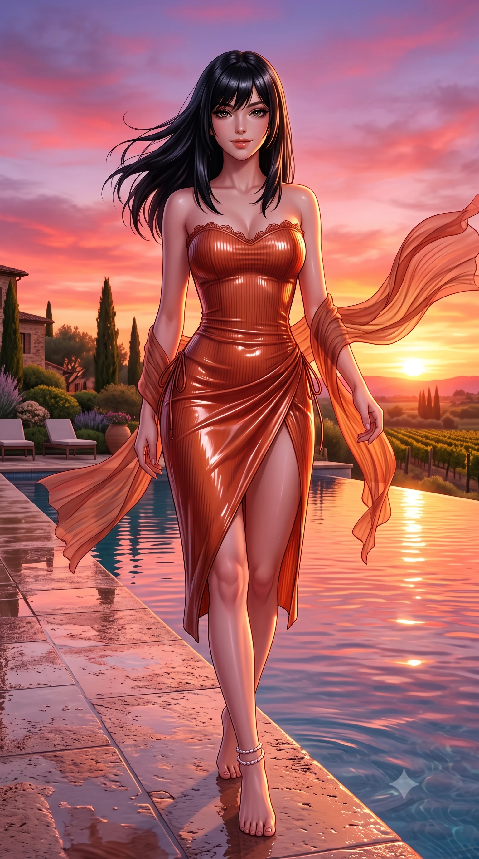 score_9, masterpiece, best quality, ultra-detailed, high-budget anime keyframe, semi-realistic 3D game render, editorial fashion photography, tasteful artistic composition, Caucasian woman. close-up cowboy shot from the waist and thighs up, the character dominates the composition, filling the frame with her large presence. turning slowly with an enchanting smoldering smile, her glossy hair tossing in the breeze as her hips angle gracefully in a captivating contrapposto while walking slowly along the wet travertine edge of the infinity pool, arching her spine with seductive grace as the fiery crimson sunset reflects in the water. The surrounding environment is rendered in vivid detail and crisp panoramic clarity: detailed semi-sheer pleated chiffon dress cling, delicate pearl ankle wrap gleam, and luxury chateau landscaping in high resolution. She has an exceptionally elegant, slender, and willowy female figure with an ultra-slim waist, flat toned midriff, narrow ribcage, and sculpted feminine hips creating an alluring, slim hourglass silhouette without bulk. sharp v-shaped jawline, high-bridge nose, sparkling eyes with hypnotic seductive depth, thick curled eyelashes, glossy parted lips with a natural dewy peach sheen, alluring bedroom-eyes with an enchanting coquettish smile, exuding magnetic siren charisma and sophisticated glamour, flawlessly proportioned anatomical accuracy, strict slender model proportions, natural body alignment, perfectly sculpted long slender limbs, ultra-slim waistline, clean dynamic posture without body distortion. wearing a form-contouring ribbed knit tube dress with subtle side-lace ties tracing the curve of her hips in sun-drenched Tuscan terracotta and burnished copper, crafted from wet-look high-gloss vinyl fabric with dazzling specular surface reflections, finished with scalloped eyelash lace trim framing her sweetheart neckline with intimate elegance, the high-slit wrap tailoring accentuating her ultra-slim waistline and the enchanting curve of her feminine hips with alluring seductive charm. bathed in saturated crimson, apricot, and lavender sunset light blazing across the Tuscan sky. highly saturated vibrant anime colors, detailed shading with soft gradients, rich glossy textures, high-contrast stereoscopic depth, volumetric dynamic lighting, master piece, 9:16 ratio