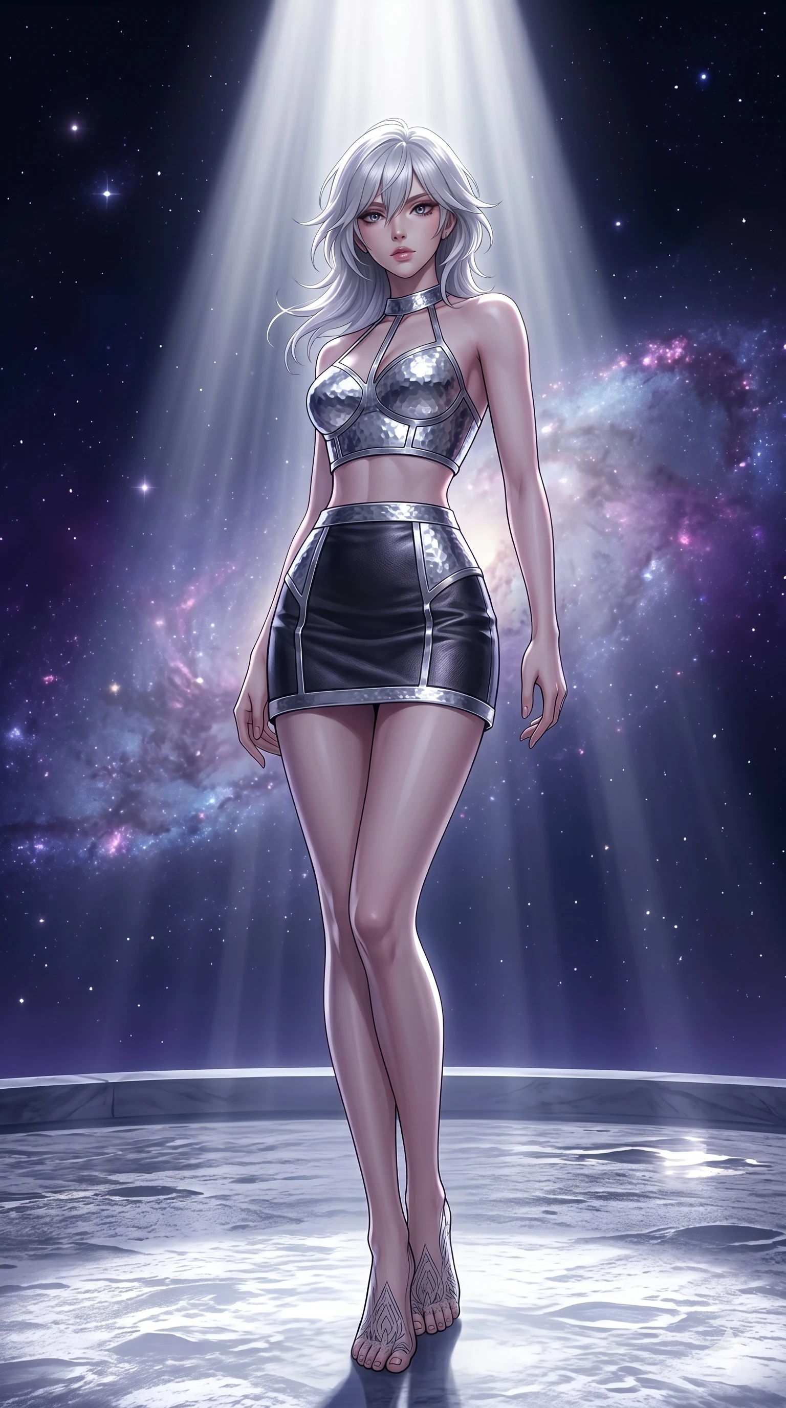 score_9, masterpiece, best quality, ultra-detailed, high-budget anime keyframe, editorial fashion photography, tasteful artistic composition, Japanese woman. low angle full-body shot from head to toe showing her feet, filling the entire 9:16 vertical frame with her statuesque presence, stretching her vertical silhouette. Stepping backward with a defensive yet elegant pose, her weight shifted dynamically on a lunar terrace under a sky filled with distant colliding galaxies casting violet hues. She has an absolutely perfect 8-heads proportion, an exceptionally tall and slender female figure with impossibly long slender legs and an ultra-slim waist. V-shaped jawline, high-bridge nose, intricate jewel-like eyes with depth, thick eyelashes, glossy lips with a natural sheen. wearing a structured halter crop top in hammered silver paired with a matching high-waist leather mini skirt. lit by a single overhead spotlight casting sharp volumetric rays of white light on her figure. 2k, ultra detail, master piece, 9:16 ratio