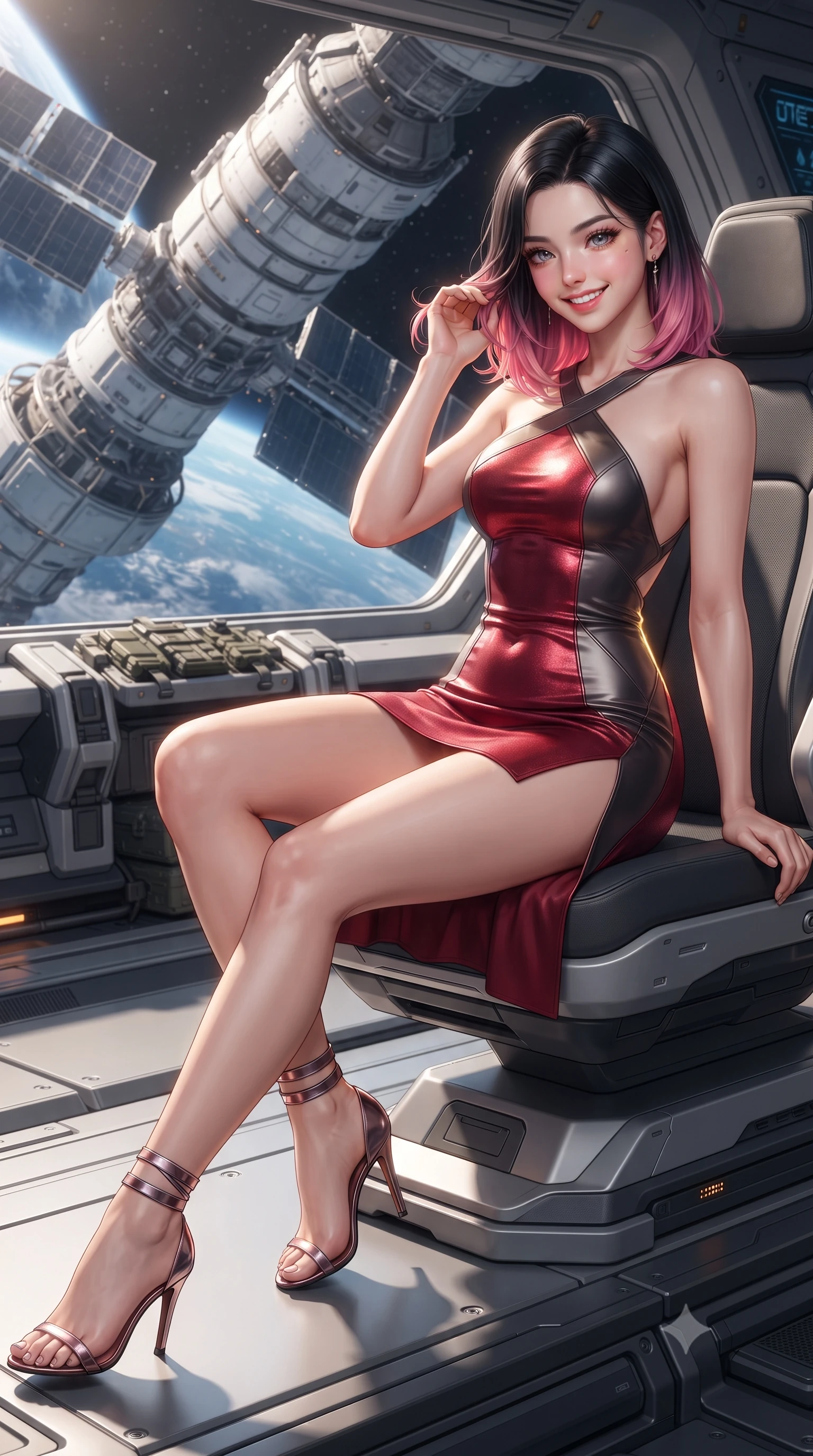 score_9, masterpiece, best quality, ultra-detailed, high-budget anime keyframe, editorial fashion photography, tasteful artistic composition, Korean woman. close-up cowboy shot from the waist and thighs up, the character dominates the composition, filling the frame with her large presence. gently brushing a lock of hair behind her ear while casting a playful, flirtatious side-gaze with long eyelashes while lounging gracefully across the exterior maintenance pod seat propped on one elbow with legs extended, displaying her long slender limbs and statuesque hourglass silhouette. The surrounding environment is rendered in vivid detail and crisp panoramic clarity: detailed high-tech tactical gear, sleek bodycon lines, and colossal satellite engineering in high resolution. She has an exceptionally elegant, slender, and willowy female figure with an ultra-slim waist, flat toned midriff, narrow ribcage, and sculpted feminine hips creating an alluring, slim hourglass silhouette without bulk. sharp v-shaped jawline, high-bridge nose, intricate jewel-like sparkling eyes with depth, thick eyelashes, glossy parted lips with a natural peach sheen, bright cheerful beaming smile with an enchanting and coquettish sensual glint, exuding both youthful cute charm and seductive allure, flawlessly proportioned anatomical accuracy, strict slender model proportions, natural body alignment, perfectly sculpted long slender limbs, ultra-slim waistline, clean dynamic posture without body distortion. wearing a backless liquid foil flight mini dress with criss-cross spinal straps and daring high side slit in deep crimson hazard red and matte dark titanium, crafted from bespoke double-faced cashmere with an exceptionally soft tactile finish, complemented by strappy stiletto sandals with metallic ankle wraps accentuating her slender calves, the liquid-tight tailored fabric clinging flawlessly to her narrow waist and rounded feminine hips, emphasizing every millimeter of her sculpted slim hourglass curves without any bulky heaviness. illuminated by Earth albedo reflection bounce and intense solar-gold rim lights defining her razor-sharp jawline, narrow waist, and curvy hips. ultra-reflective glossy finish, specular highlights, rich textural contrasts, high-contrast stereoscopic depth, volumetric dynamic lighting, 2k, ultra detail, master piece, 9:16 ratio