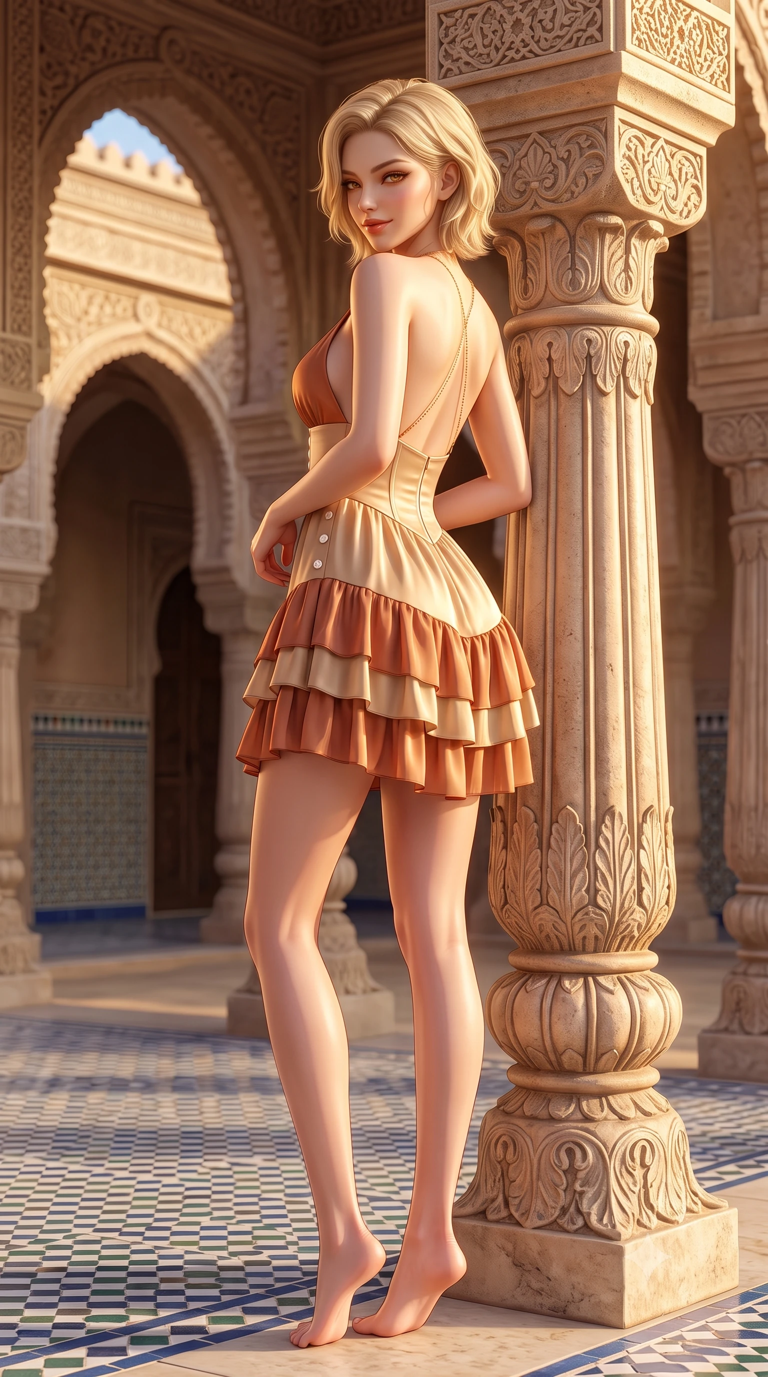 score_9, masterpiece, best quality, ultra-detailed, high-budget anime keyframe, semi-realistic 3D game render, editorial fashion photography, tasteful artistic composition, Caucasian woman. low angle full-body shot from head to toe showing her feet, filling the entire 9:16 vertical frame with her statuesque presence, stretching her vertical silhouette. posing with back turned slightly to the lens, glancing back with an enchanting, playful smile as she arches her lower back to emphasize her sculpted feminine hips and slender waist while leaning against a carved desert pavilion pillar with hips cocked back, looking back over a bare shoulder with dangerous, smoldering bedroom-eyes. The surrounding environment is rendered in vivid detail and crisp panoramic clarity. detailed liquid silk gown texture, gold body chain gleam, and royal desert pavilion architecture in high resolution. She has an exceptionally tall and slender model-like 8.5-heads proportion, an ultra-slim waist, a flat toned midriff, narrow delicate ribcage, and beautifully sculpted feminine hips creating a graceful, slim hourglass silhouette without any bulky heaviness, with impossibly long slender legs. sharp v-shaped jawline, high-bridge nose, sparkling amber-hazel eyes with depth, long lush eyelashes, glossy sun-kissed lips with a warm coral glaze, radiant teasing smile with sensual sunlit bedroom-eyes, exuding effortless old-money elegance and intoxicating sun-drenched allure, flawlessly proportioned anatomical accuracy, strict slender model proportions, natural body alignment, perfectly sculpted long slender limbs, ultra-slim waistline, clean dynamic posture without body distortion. wearing a tiered ruffled chiffon resort mini dress with an ultra-slim corseted waist and open back in Mediterranean terracotta and warm oatmeal beige, made of smooth fluid silk satin with a delicate pearlescent golden sheen, accented with neat front carved mother-of-pearl buttons, the form-fitting cut adhering flawlessly to her sculpted flat midriff and slender torso, emphasizing her long leg lines and perfectly proportioned willowy build. illuminated by desert sand bounce fill and sharp warm-gold rim lights carving her razor-sharp jawline, narrow waist, and curvy hips. highly saturated vibrant anime colors, detailed shading with soft gradients, rich glossy textures, high-contrast stereoscopic depth, volumetric dynamic lighting, master piece, 9:16 ratio