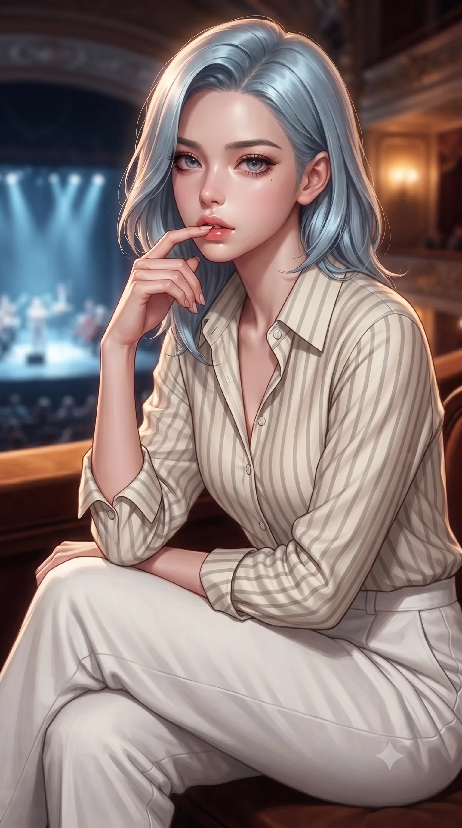 score_9, masterpiece, best quality, ultra-detailed, high-budget anime keyframe, editorial fashion photography, tasteful artistic composition, Korean woman. close-up cowboy shot from the waist and thighs up, the character dominates the composition, filling the frame with her large presence, background elements kept in soft focus. pressing one finger to her bottom lip in a thoughtful, seductive gesture under the warm sun the background shows a soft-focus a quiet opera box seat during a performance, with the stage glow in the background. She has an exceptionally elegant, slender, and willowy female figure with an ultra-slim waist, a gracefully sculpted slender torso, and a refined silhouette. sharp v-shaped jawline, high-bridge nose, intricate jewel-like eyes with depth, thick eyelashes, glossy lips with a natural sheen. wearing a form-contouring soft striped linen button-down shirt and relaxed-fit white cotton lounge pants. cool stage lighting contrasting with the warm amber glow of the private box. ultra-reflective glossy finish, specular highlights, metallic sheen, high-contrast stereoscopic depth, volumetric dynamic lighting, 2k, ultra detail, master piece, 9:16 ratio