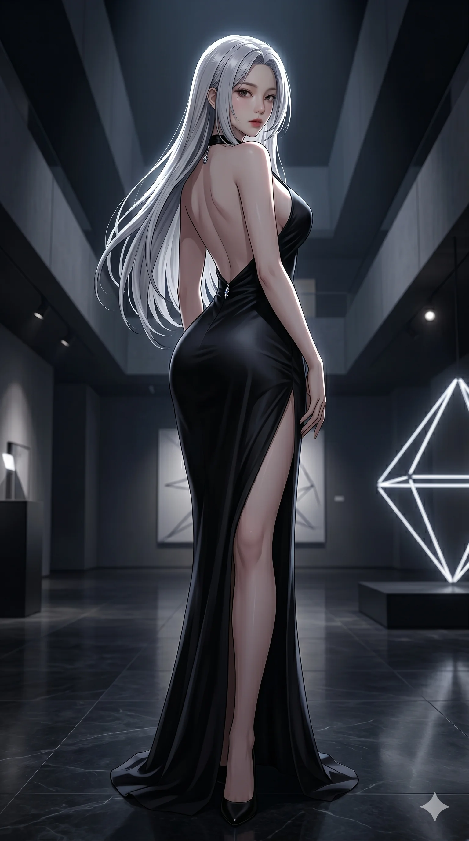 score_9, masterpiece, best quality, ultra-detailed, high-budget anime keyframe portrait, an incredibly beautiful Caucasian anime girl with pale skin anime girl. Low angle cowboy shot filling the frame. She has an absolutely perfect 8-heads proportion, an exceptionally tall female figure with long slender legs and a voluptuous body. Her face is a highly detailed masterpiece featuring a v-shaped jawline, high-bridge nose, intricate jewel-like eyes, thick eyelashes, and glossy lips. She has silver flowing hair. She is wearing a alluring backless silk evening gown with a thigh-high slit, highlighting her alluring silhouette. Luxury modern art gallery, dramatic spotlighting, dramatic rim lighting, cinematic shadows, 2k, ultra detail, master piece, 9:16 ratio