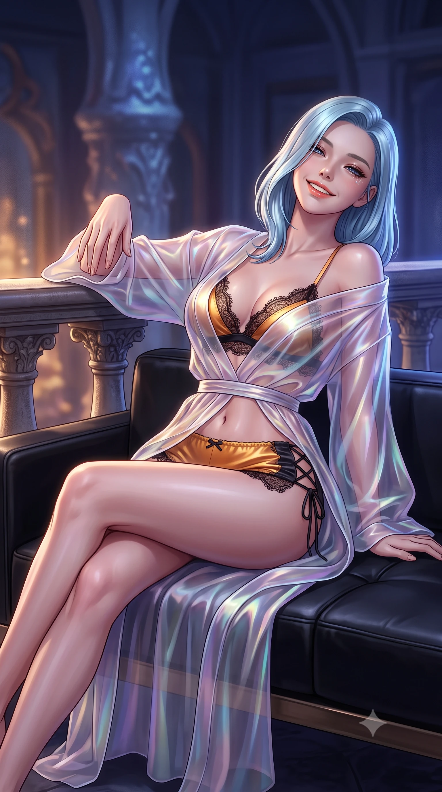 score_9, masterpiece, best quality, ultra-detailed, high-budget anime keyframe, editorial fashion photography, tasteful artistic composition, Korean woman. close-up cowboy shot from the waist and thighs up, the character dominates the composition, filling the frame with her large presence. leaning back against the balustrade with relaxed seductive grace, head tilted back slightly while casting a hypnotic, heavy-lidded gaze while lounging gracefully across the minimalist black leather settee propped on one elbow with legs extended, displaying her long slender limbs and statuesque hourglass silhouette. The background shows a soft-focus condensing interior climate dew softened in abyssal ocean research cathedral shallow focus. She has an exceptionally elegant, slender, and willowy female figure with an ultra-slim waist, flat toned midriff, narrow ribcage, and sculpted feminine hips creating an alluring, slim hourglass silhouette without bulk. sharp v-shaped jawline, high-bridge nose, intricate jewel-like sparkling eyes with depth, thick eyelashes, glossy parted lips with a natural peach sheen, bright cheerful beaming smile with an enchanting and coquettish sensual glint, exuding both youthful cute charm and seductive allure, flawlessly proportioned anatomical accuracy, strict slender model proportions, natural body alignment, perfectly sculpted long slender limbs, ultra-slim waistline, clean dynamic posture without body distortion. wearing a translucent iridescent organza kimono robe slipping off bare shoulders over a matching satin micro-bralette and shorts in solar-flare gold and interstellar onyx, made of delicate semi-sheer French Chantilly lace with intricate eyelash edges, featuring fine criss-cross lace-up side ties revealing tantalizing glimpses of her hip curve, the high-slit wrap tailoring accentuating her ultra-slim waistline and the enchanting curve of her feminine hips with alluring seductive charm. bathed in deep ocean blue-violet ambient light mixed with warm 2200K golden geothermal vent radiance. ultra-reflective glossy finish, specular highlights, rich textural contrasts, high-contrast stereoscopic depth, volumetric dynamic lighting, 2k, ultra detail, master piece, 9:16 ratio