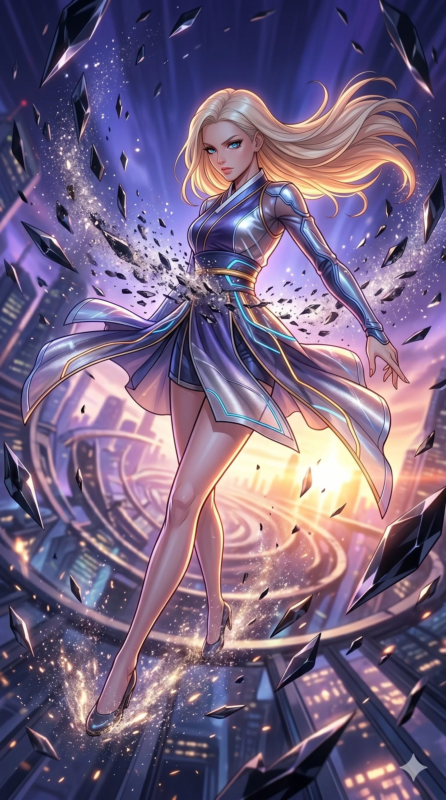 score_9, masterpiece, best quality, ultra-detailed, high-budget anime movie keyframe, cinematic anime lighting, intricate line art, Japanese woman. Dynamic full-body shot stretching the vertical silhouette with extreme perspective. spinning in a rain of obsidian shards that turn into dust. She has an absolutely perfect 8-heads proportion, an exceptionally tall and slender female figure with an ultra-slim waist and impossibly long slender legs. strictly human anatomy, two legs only, no extra limbs, clearly defined legs and arms, perfect anatomy, perfect hands and fingers. sharp v-shaped jawline, high-bridge nose, intricate jewel-like eyes, thick eyelashes, glossy lips. Wearing Modern Traditional: Shortened cyber-hanbok with fusion silk robes and transparent panels. The scene is illuminated by dramatic atmospheric lighting and vibrant color palettes. , 2k, ultra detail, master piece, 9:16 ratio
