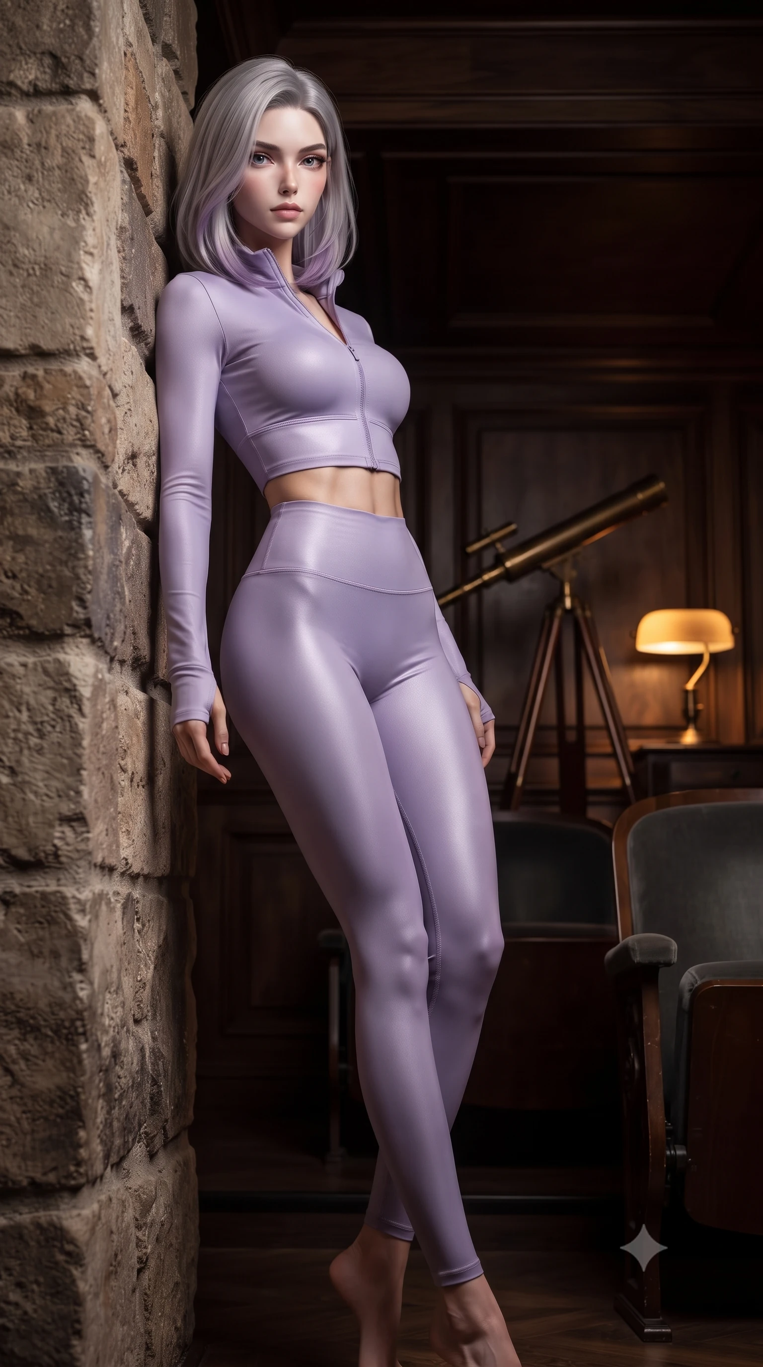 score_9, masterpiece, best quality, ultra-detailed, high-budget anime keyframe, editorial fashion photography, tasteful artistic composition, Caucasian woman. low angle full-body shot from head to toe showing her feet, filling the entire 9:16 vertical frame with her statuesque presence, stretching her vertical silhouette. leaning back against a rustic stone wall, casting a slow, alluring gaze at the camera the background shows a soft-focus a theater box alcove with dark wood panels and antique telescopes. She has an absolutely perfect, statuesque 8.5-heads proportion, an exceptionally tall and slender model-like female figure with impossibly long slender legs and an ultra-slim waist. sharp v-shaped jawline, high-bridge nose, intricate jewel-like eyes with depth, thick eyelashes, glossy lips with a natural sheen. wearing a form-contouring body-hugging activewear set of a tailored zip-up long-sleeve crop top and matching high-waisted leggings in soft lavender. warm amber desk lamp glow creating a quiet, intellectual ambiance. ultra-reflective glossy finish, specular highlights, metallic sheen, high-contrast stereoscopic depth, volumetric dynamic lighting, 2k, ultra detail, master piece, 9:16 ratio