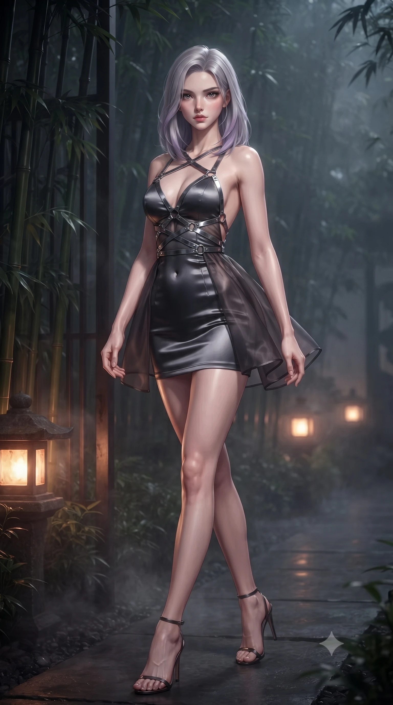 score_9, masterpiece, best quality, ultra-detailed, high-budget anime keyframe, editorial fashion photography, tasteful artistic composition, Caucasian woman. low angle full-body shot from head to toe showing her feet, filling the entire 9:16 vertical frame with her statuesque presence, stretching her vertical silhouette. forging confidently through the floating mist, holding a poised statuesque stance, poised near a misty dark bamboo partition illuminated by warm amber stone lanterns, sensual oriental luxury aesthetic with quiet magnetic charm. She has an absolutely perfect, statuesque 8.5-heads proportion, an exceptionally tall and slender model-like female figure with impossibly long slender legs and an ultra-slim waist. sharp v-shaped jawline, high-bridge nose, intricate jewel-like eyes with depth, thick eyelashes, glossy lips with a natural sheen. wearing dramatically scooped backless dark satin mini dress with criss-cross chrome straps in dark charcoal gray, made of sheer dark organza overlay, highlighted by a gunmetal metallic harness structure, the fitted fabric emphasizing her ultra-slim waist. bathed in soft thermal steam rays creating ethereal gradient shading. ultra-reflective glossy finish, specular highlights, metallic sheen, high-contrast stereoscopic depth, volumetric dynamic lighting, 2k, ultra detail, master piece, 9:16 ratio