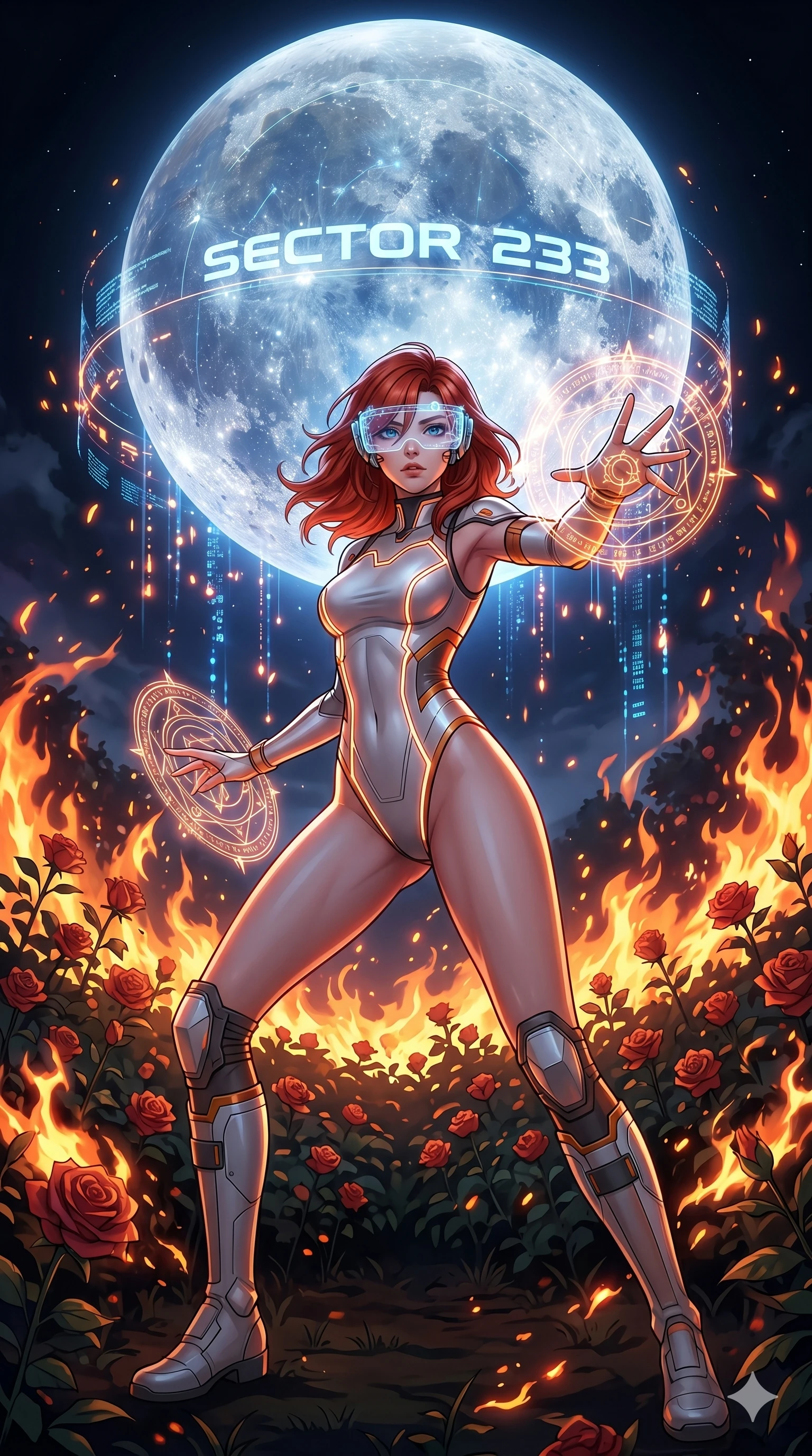 score_9, masterpiece, best quality, ultra-detailed, Set A: High-budget Anime Keyframe, Korean woman. Low angle cowboy shot filling the entire 9:16 frame with her statuesque presence. Casting a spell through a burning rose garden, with a massive holographic moon rising behind her marked as sector 233 and surrounded by glowing energy sparks. She has an absolutely perfect 8-heads proportion, an exceptionally tall and slender female figure with impossibly long slender legs and an ultra-slim waist. Sharp v-shaped jawline, high-bridge nose, intricate jewel-like eyes with depth, thick eyelashes, glossy lips with a natural sheen. Wearing High-cut athletic leotard with glowing trim and a translucent visor accessory. Cinematic lighting, vibrant colors, dramatic shadows, 2k, ultra detail, master piece, 9:16 ratio