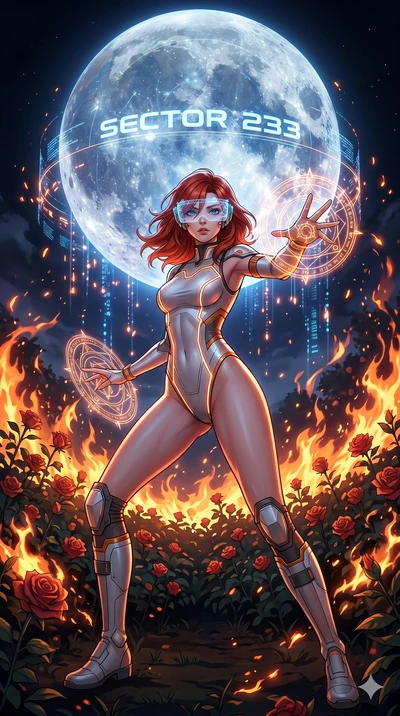 score_9, masterpiece, best quality, ultra-detailed, Set A: High-budget Anime Keyframe, Korean woman. Low angle cowboy shot filling the entire 9:16 frame with her statuesque presence. Casting a spell through a burning rose garden, with a massive holog