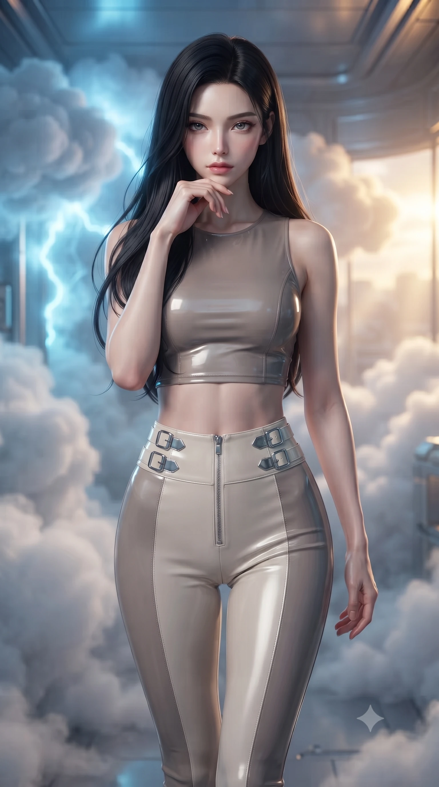 score_9, masterpiece, best quality, ultra-detailed, high-budget anime keyframe, editorial fashion photography, tasteful artistic composition, Korean woman. close-up cowboy shot from the waist and thighs up, the character dominates the composition, filling the frame with her large presence, background elements kept in soft focus. Resting her chin on the backs of her fingers, casting a sharp, mysterious gaze walking through a misty cloud room catching dramatic golden sunset rays, dramatic contrast of warm golden sunset outside and cool electric blue inside. She has an exceptionally elegant, slender, and willowy female figure with an ultra-slim waist, a gracefully sculpted slender torso, and a refined silhouette. sharp v-shaped jawline, high-bridge nose, intricate jewel-like eyes with depth, thick eyelashes, glossy lips with a natural sheen. wearing a glossy vinyl crop top and high-waist tailored leggings with sleek zippers in muted taupe and soft ivory, formed from sleek second-skin neoprene, detailed with polished silver buckles along the waistline, the glove-like fit emphasizing her statuesque silhouette. illuminated by soft internal cloud lightning and golden sunset backlighting. ultra-reflective glossy finish, specular highlights, metallic sheen, high-contrast stereoscopic depth, volumetric dynamic lighting, 2k, ultra detail, master piece, 9:16 ratio