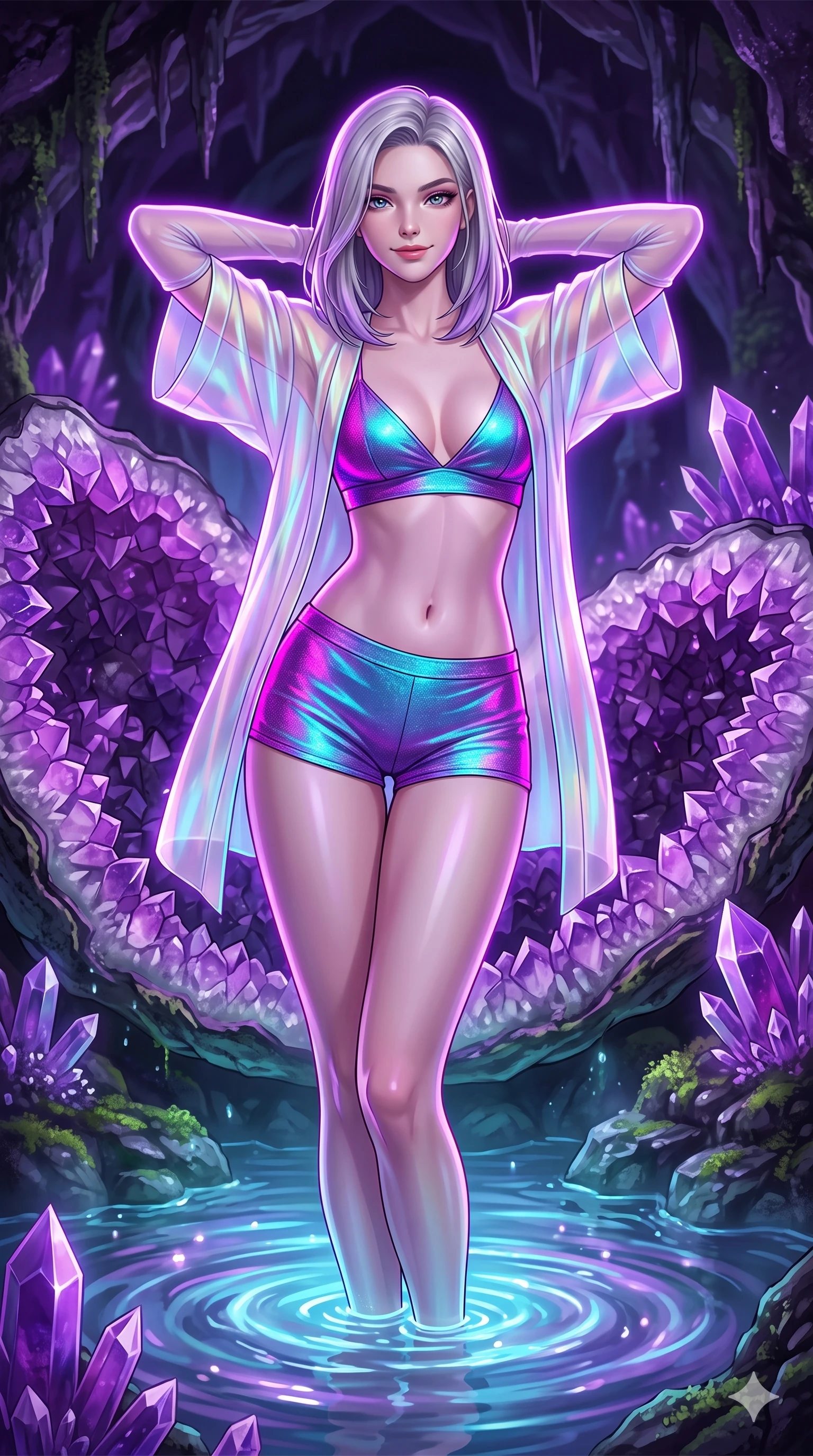 score_9, masterpiece, best quality, ultra-detailed, high-budget anime keyframe, semi-realistic 3D game render, editorial fashion photography, tasteful artistic composition, Caucasian woman. close-up cowboy shot from the waist and thighs up, the character dominates the composition, filling the frame with her large presence. resting both hands lightly behind her neck with elbows raised, arching her spine to highlight her narrow waist, flat midriff, and breathtaking collarbones while leaning against the giant amethyst geode rim with hips cocked back, watching phosphorescent mineral ripples swirl with smoldering bedroom-eyes. The surrounding environment is rendered in vivid detail and crisp panoramic clarity: detailed anime keyframe lines, rich glossy textures, and magical subterranean geology in razor-sharp precision. She has an exceptionally elegant, slender, and willowy female figure with an ultra-slim waist, flat toned midriff, narrow ribcage, and sculpted feminine hips creating an alluring, slim hourglass silhouette without bulk. sharp v-shaped jawline, high-bridge nose, intricate jewel-like sparkling eyes with depth, thick eyelashes, glossy parted lips with a natural peach sheen, bright cheerful beaming smile with an enchanting and coquettish sensual glint, exuding both youthful cute charm and seductive allure, flawlessly proportioned anatomical accuracy, strict slender model proportions, natural body alignment, perfectly sculpted long slender limbs, ultra-slim waistline, clean dynamic posture without body distortion. wearing a translucent iridescent organza kimono robe slipping off bare shoulders over a matching satin micro-bralette and micro-shorts in Neo-Shinjuku neon magenta and electric cyan, woven from stretch metallic lurex jersey casting radiant starlight glints across her curves, complemented by sheer opera-length evening gloves tracing her slender arms, the second-skin tailored fabric adhering flawlessly to her sculpted flat midriff and slender torso, emphasizing her long leg lines and perfectly proportioned willowy build. illuminated by pool surface reflection bounce and sharp neon-violet rim lights sculpting her jawline, narrow waist, and curvy hips. highly saturated vibrant anime colors, detailed shading with soft gradients, rich glossy textures, high-contrast stereoscopic depth, volumetric dynamic lighting, master piece, 9:16 ratio