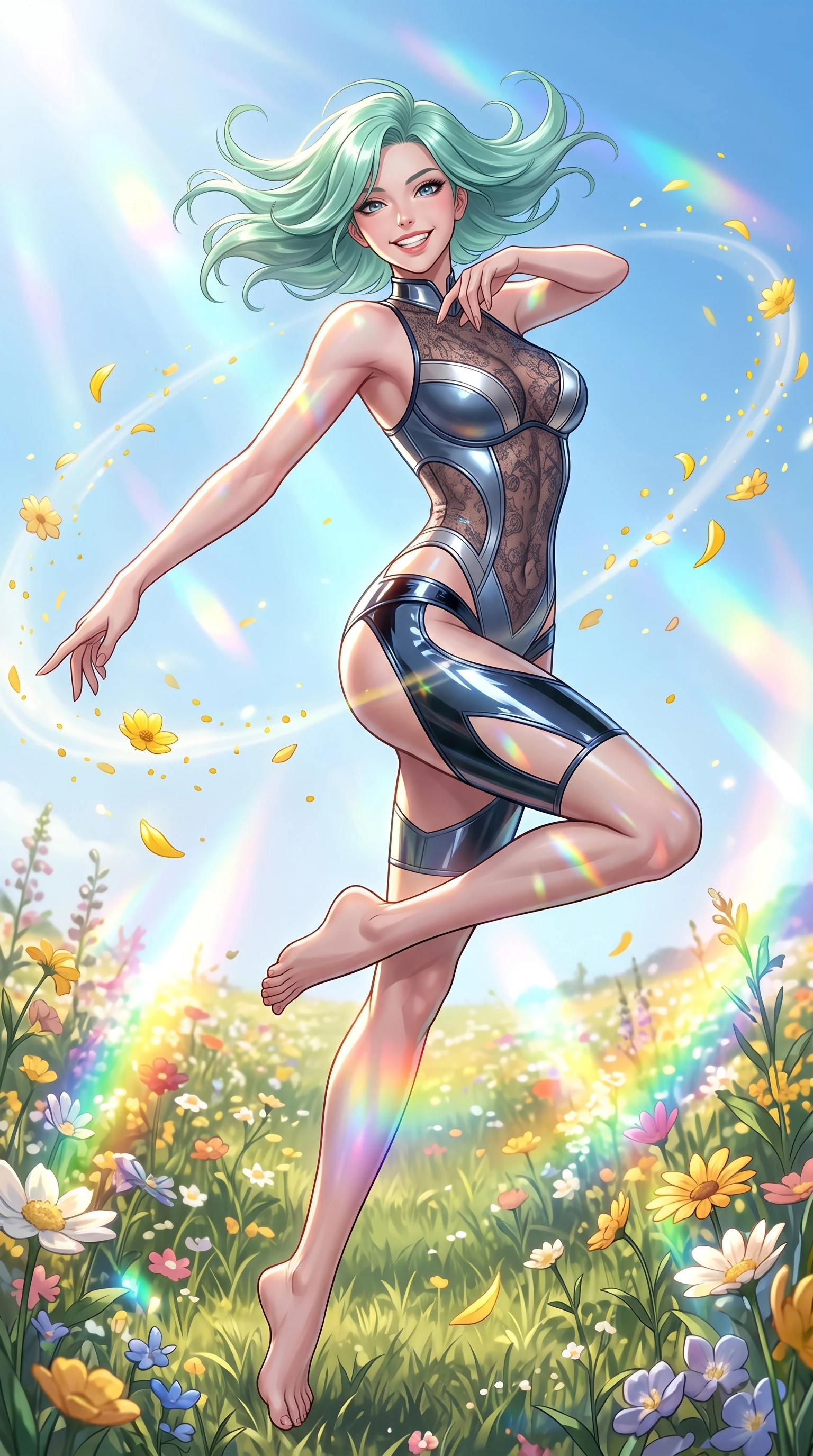 score_9, masterpiece, best quality, ultra-detailed, high-budget anime keyframe, editorial fashion photography, tasteful artistic composition, Japanese woman. low angle full-body shot from head to toe showing her feet, filling the entire 9:16 vertical frame with her statuesque presence, stretching her vertical silhouette. performing a cheerful mid-air rotation with flawless poise, her radiant smile capturing pure happy energy while pivoting in a cheerful stride through a sunlit flower meadow with an open infectious smile, floating flower pollen and yellow petals drifting gracefully in dynamic orbital paths. She has an absolutely perfect, statuesque 8.5-heads proportion, an exceptionally tall and slender model-like female figure with impossibly long slender legs and an ultra-slim waist. sharp v-shaped jawline, high-bridge nose, intricate jewel-like eyes with depth, thick eyelashes, glossy lips with a natural sheen, flawlessly proportioned anatomical accuracy, natural body alignment, perfectly sculpted elegant limbs, clean dynamic posture without body distortion. wearing a sheer dark lace pattern bodysuit with structured corsetry boning in slate blue and metallic silver, tailored from high-gloss patent leather, featuring clean architectural cutouts along her slender torso, the tailored fabric tightly following every curve of her athletic build. illuminated by dazzling rainbow refractions and bright, cheerful ambient sky glow. ultra-reflective glossy finish, specular highlights, metallic sheen, high-contrast stereoscopic depth, volumetric dynamic lighting, 2k, ultra detail, master piece, 9:16 ratio
