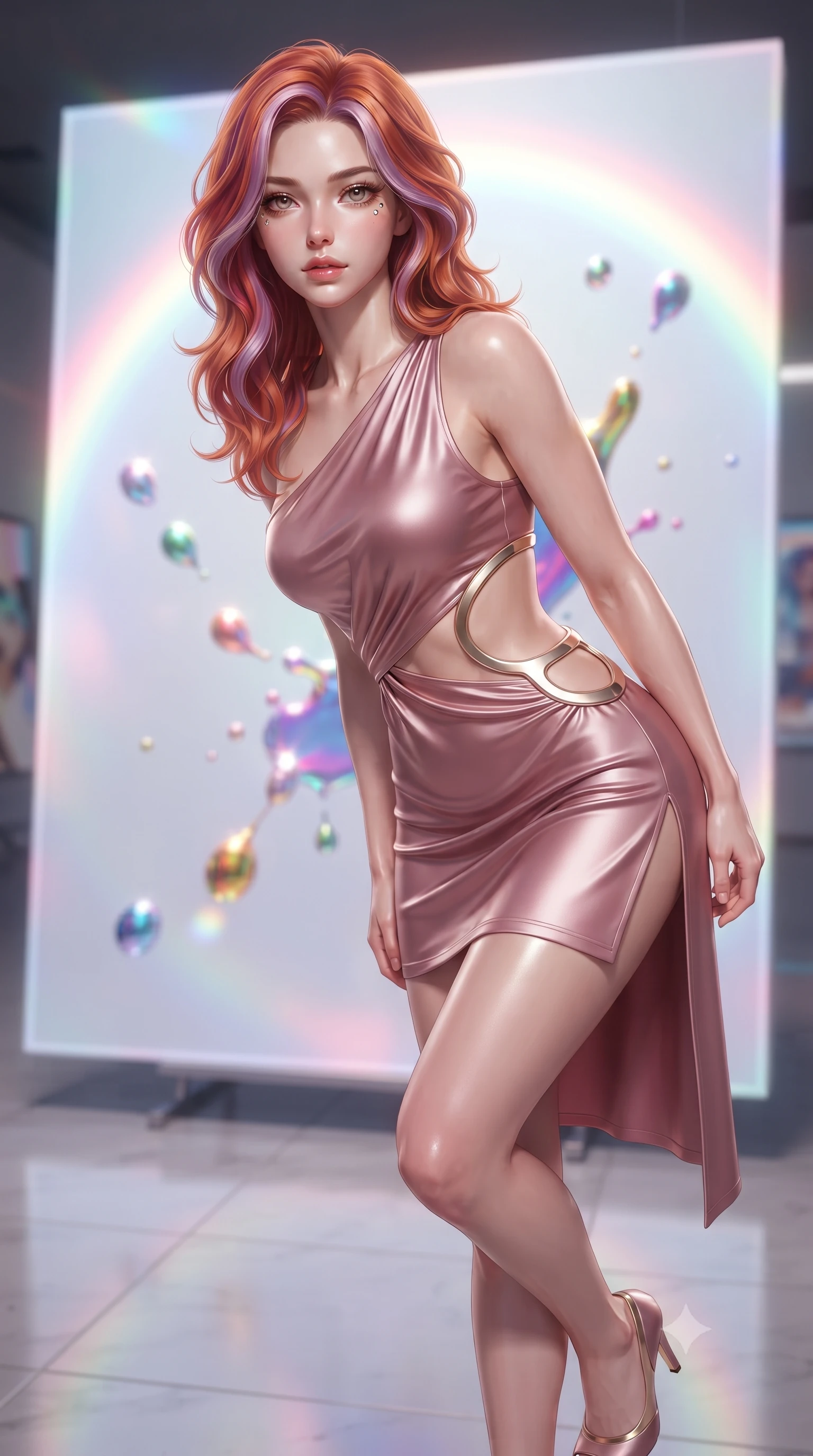 score_9, masterpiece, best quality, ultra-detailed, high-budget anime keyframe, editorial fashion photography, tasteful artistic composition, Caucasian woman. close-up cowboy shot from the waist and thighs up, the character dominates the composition, filling the frame with her large presence, background elements kept in soft focus. Leaning slightly forward with a composed, seductive gaze under soft glowing light poised before a giant holographic canvas emitting luminous color arcs, vibrant paint droplets frozen in time casting specular highlights. She has an exceptionally elegant, slender, and willowy female figure with an ultra-slim waist, a gracefully sculpted slender torso, and a refined silhouette. sharp v-shaped jawline, high-bridge nose, intricate jewel-like eyes with depth, thick eyelashes, glossy lips with a natural sheen. wearing a dramatic open-waist cutout mini dress framed by sculptural hardware in dusty rose and champagne gold, crafted from lustrous satin jersey with fluid draping, finished with a sleek side slit ascending to mid-thigh, the tailored fabric tightly following every curve of her athletic build. drenched in bright white key light with colorful prismatic rim lighting. ultra-reflective glossy finish, specular highlights, metallic sheen, high-contrast stereoscopic depth, volumetric dynamic lighting, 2k, ultra detail, master piece, 9:16 ratio