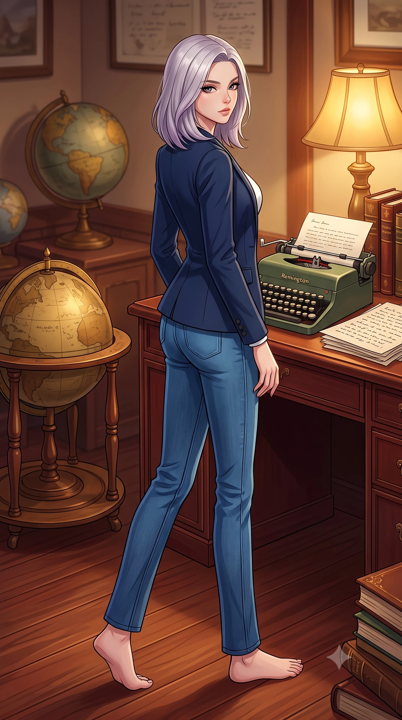 score_9, masterpiece, best quality, ultra-detailed, high-budget anime keyframe, tasteful artistic composition, Caucasian woman. low angle full-body shot from head to toe showing her feet, filling the entire 9:16 vertical frame with her statuesque presence, stretching her vertical silhouette. stepping gracefully while looking back over her shoulder, her dress draped tightly to reveal her silhouette the background shows a soft-focus a cozy personal study with vintage globes, typewriters, and handwritten manuscripts. She has an absolutely perfect, statuesque 8.5-heads proportion, an exceptionally tall and slender model-like female figure with impossibly long slender legs and an ultra-slim waist. sharp v-shaped jawline, high-bridge nose, intricate jewel-like eyes with depth, thick eyelashes, glossy lips with a natural sheen. wearing a body-hugging classic navy blue blazer over a white crewneck shirt and straight-leg blue jeans. warm table lamp light casting cozy, nostalgic shadows on the mahogany desk. highly saturated vibrant anime colors, cel-shading, 2d style, master piece, 9:16 ratio