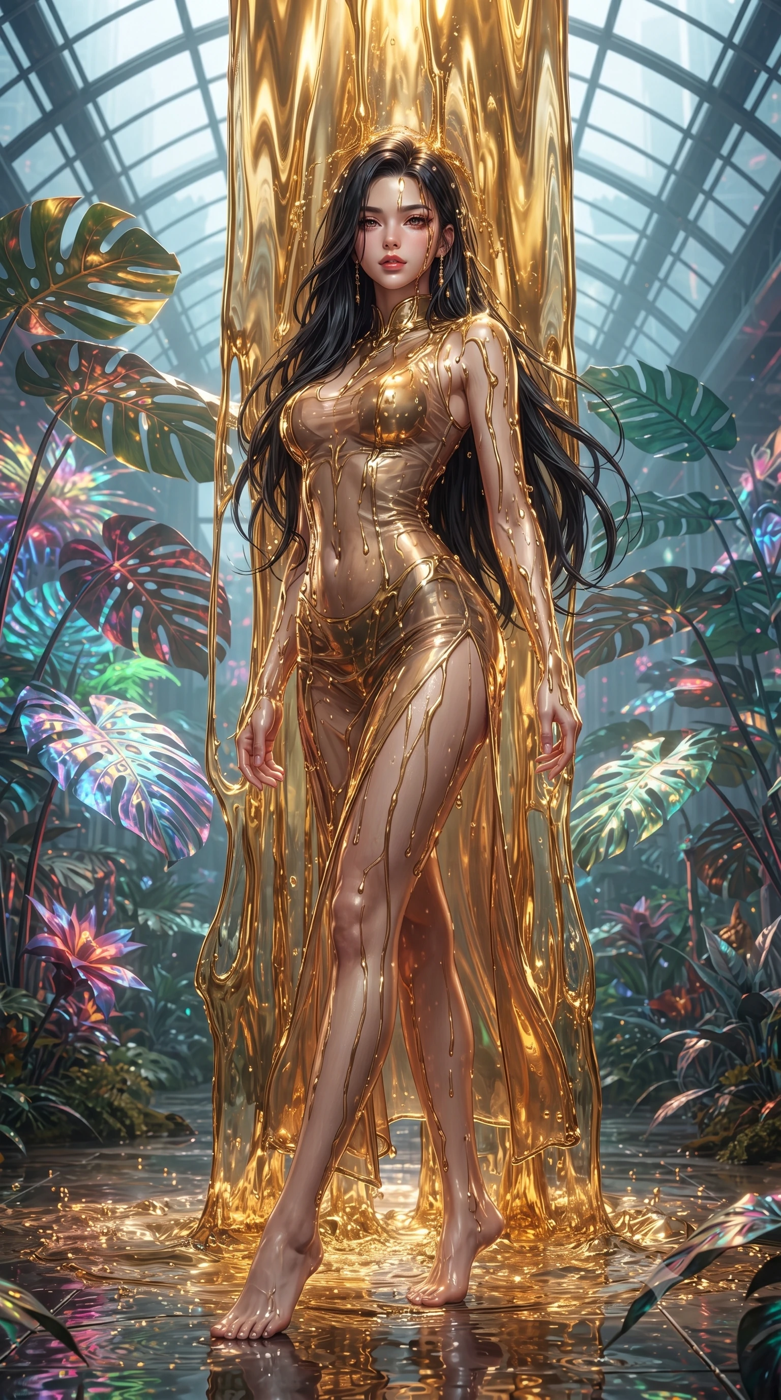 score_9, masterpiece, best quality, ultra-detailed, High-budget Anime Keyframe, editorial fashion photography, tasteful artistic composition, realistic cosplay photography, East Asian woman. Dynamic full-body shot stretching the vertical silhouette to the limit. Scenario 340: standing under a waterfall of liquid gold, the fluid coating her form, in a cybernetic greenhouse filled with giant glowing tropical leaves. Her presence is magnetic and overpowering in this high-budget cinematic scene. Outfit 340: a body-hugging sheer organza dangerous with a thigh-high slit and tight-fitting silhouette. The clothing is designed to emphasize her exceptionally tall and slender 8-heads proportion. 8-heads proportion, towering silhouette, ultra-slim waist. sharp v-shaped jawline, intricate jewel-like eyes with depth, thick eyelashes, glossy lips. ultra-reflective glossy finish, specular highlights, metallic sheen, high-contrast stereoscopic depth, volumetric dynamic lighting, 2k, ultra detail, master piece, 9:16 ratio