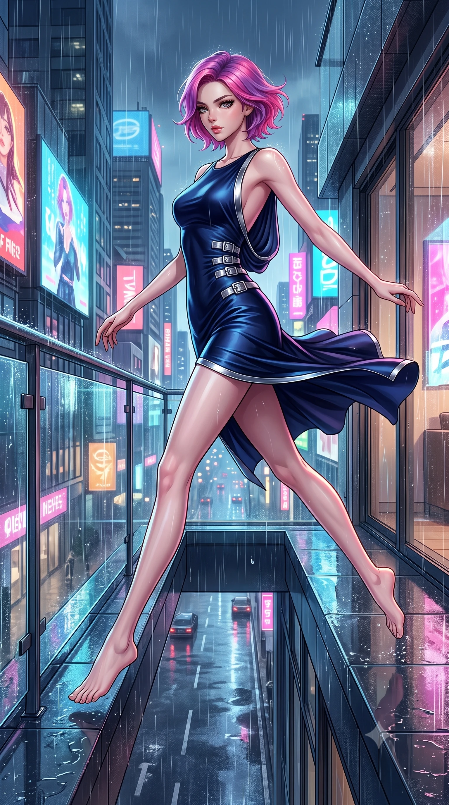 score_9, masterpiece, best quality, ultra-detailed, high-budget anime keyframe, editorial fashion photography, tasteful artistic composition, Caucasian woman. low angle full-body shot from head to toe showing her feet, filling the entire 9:16 vertical frame with her statuesque presence, stretching her vertical silhouette. leaping gracefully through mid-air with statuesque elegance, her impossibly long slender legs stretched in perfect balance while leaping across a rain-slicked balcony as wet asphalt below reflects city lights, wet glass surfaces casting glossy specular highlights from surrounding billboards. She has an absolutely perfect, statuesque 8.5-heads proportion, an exceptionally tall and slender model-like female figure with impossibly long slender legs and an ultra-slim waist. sharp v-shaped jawline, high-bridge nose, intricate jewel-like eyes with depth, thick eyelashes, glossy lips with a natural sheen, flawlessly proportioned anatomical accuracy, natural body alignment, perfectly sculpted elegant limbs, clean dynamic posture without body distortion. wearing a precision-fitted liquid jersey bodycon dress with a graceful draped back in midnight navy blue and chrome trim, crafted from lustrous satin jersey with fluid draping, detailed with polished silver buckles along the waistline, the glove-like fit emphasizing her statuesque silhouette during motion. surrounded by a vibrant, atmospheric city glow with glistening raindrops. highly saturated vibrant anime colors, detailed shading with soft gradients, rich glossy textures, high-contrast stereoscopic depth, volumetric dynamic lighting, master piece, 9:16 ratio