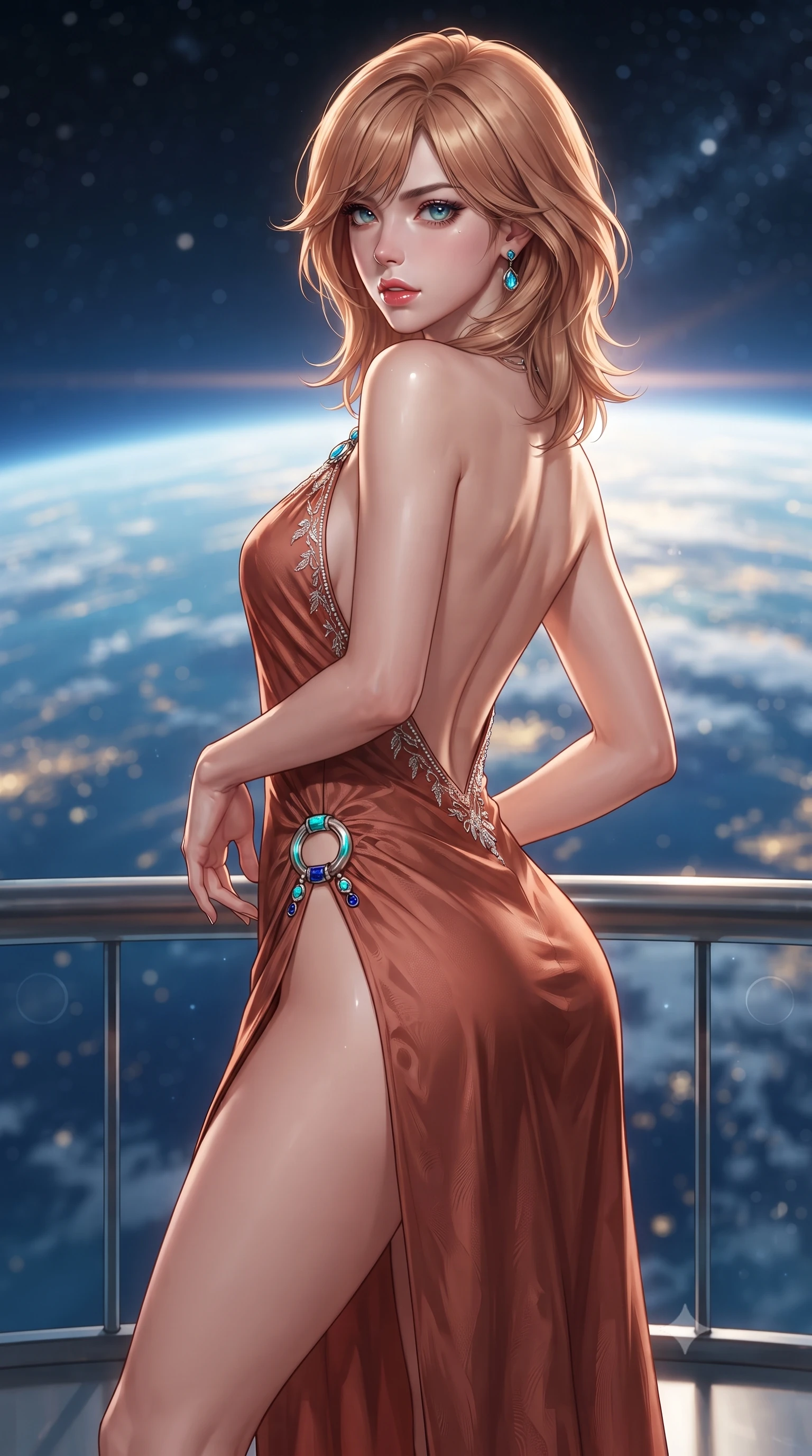 score_9, masterpiece, best quality, ultra-detailed, high-budget anime keyframe, editorial fashion photography, tasteful artistic composition, Korean woman. close-up cowboy shot from the waist and thighs up, the character dominates the composition, filling the frame with her large presence. arching her spine backward with effortless dancer poise, one hand sliding along her hip line as directional light carves specular highlights along her silhouette while standing poised on the magnetic observation deck, twisting her slender torso in an alluring S-curve as continents and cloud swirls drift beneath her feet. The composition keeps background elements in soft focus with creamy bokeh. swirling blue Earth oceans and blinding orbital sunrise ribbons blurred into deep azure, liquid gold, and starlight diamond bokeh. She has an exceptionally elegant, slender, and willowy female figure with an ultra-slim waist, flat toned midriff, narrow ribcage, and sculpted feminine hips creating an alluring, slim hourglass silhouette without bulk. sharp v-shaped jawline, high-bridge nose, intricate jewel-like eyes with depth, thick eyelashes, glossy parted lips with a natural sheen, intensely captivating and seductive bedroom-eyes expression, flawlessly proportioned anatomical accuracy, strict slender model proportions, natural body alignment, perfectly sculpted long slender limbs, ultra-slim waistline, clean dynamic posture without body distortion. wearing a backless terracotta silk wrap dress featuring high-cut side hip slits and turquoise ring hardware in royal sapphire blue and brushed platinum, crafted from heavyweight crushed silk velvet with liquid vintage luster, finished with delicate crystal frost embroidery tracing the plunging neckline, the dramatically scooped open back descending to the base of her spine, accentuating her razor-sharp statuesque lines and slim hourglass silhouette. surrounded by a celestial, sovereign, and breathlessly magnificent orbital empress aura. ultra-reflective glossy finish, specular highlights, rich textural contrasts, high-contrast stereoscopic depth, volumetric dynamic lighting, 2k, ultra detail, master piece, 9:16 ratio
