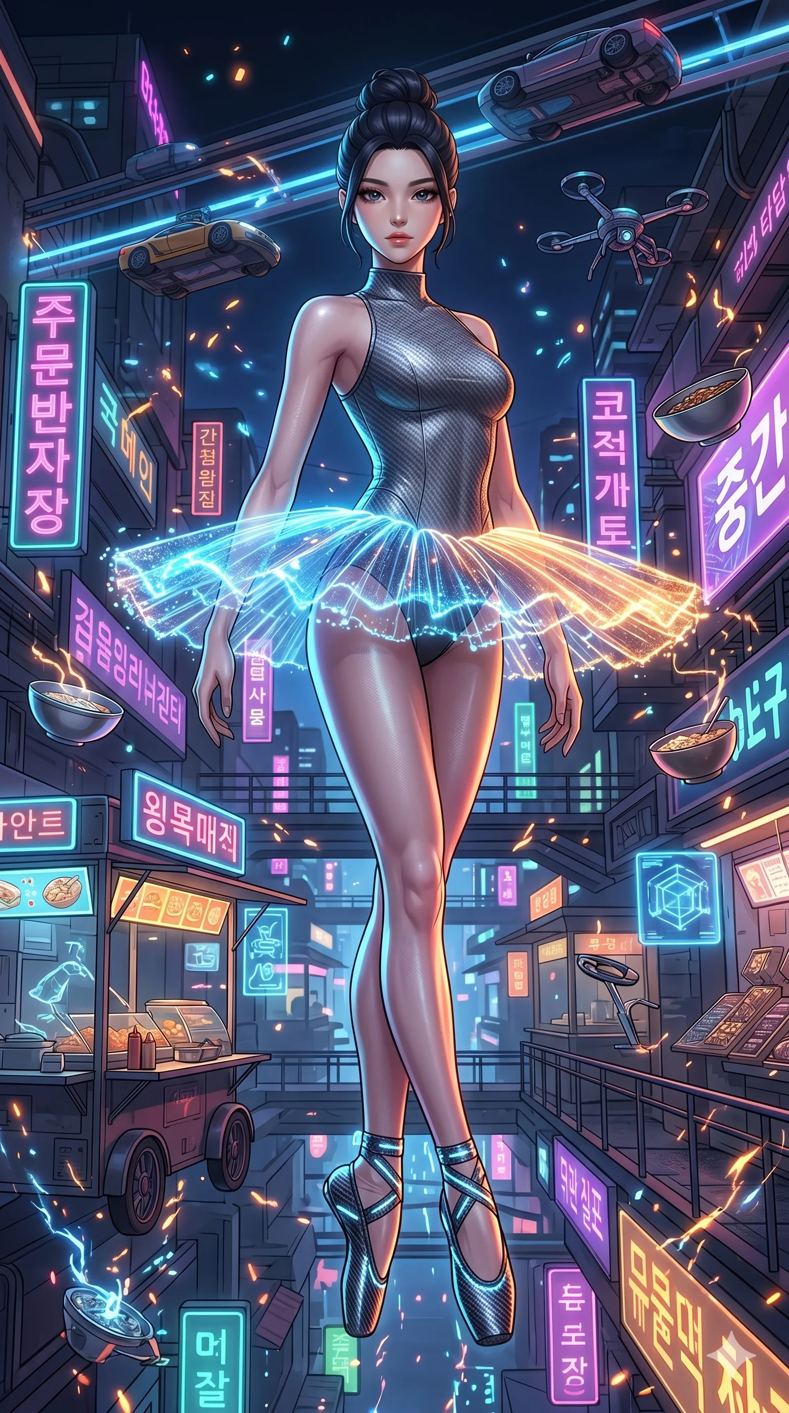 score_9, masterpiece, best quality, ultra-detailed, Set A: High-budget Anime Keyframe, Korean woman. Low angle cowboy shot filling the entire 9:16 frame with her statuesque presence. Floating through a futuristic night market, as gravity fails and everything around her floats in state 276 and surrounded by glowing energy sparks. She has an absolutely perfect 8-heads proportion, an exceptionally tall and slender female figure with impossibly long slender legs and an ultra-slim waist. Sharp v-shaped jawline, high-bridge nose, intricate jewel-like eyes with depth, thick eyelashes, glossy lips with a natural sheen. Wearing Futuristic ballet outfit with a glowing tutu and carbon-fiber pointe shoes. Cinematic lighting, vibrant colors, dramatic shadows, 2k, ultra detail, master piece, 9:16 ratio