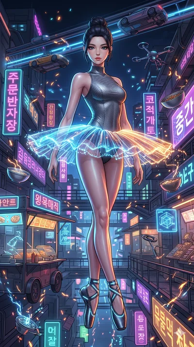 score_9, masterpiece, best quality, ultra-detailed, Set A: High-budget Anime Keyframe, Korean woman. Low angle cowboy shot filling the entire 9:16 frame with her statuesque presence. Floating through a futuristic night market, as gravity fails and ev