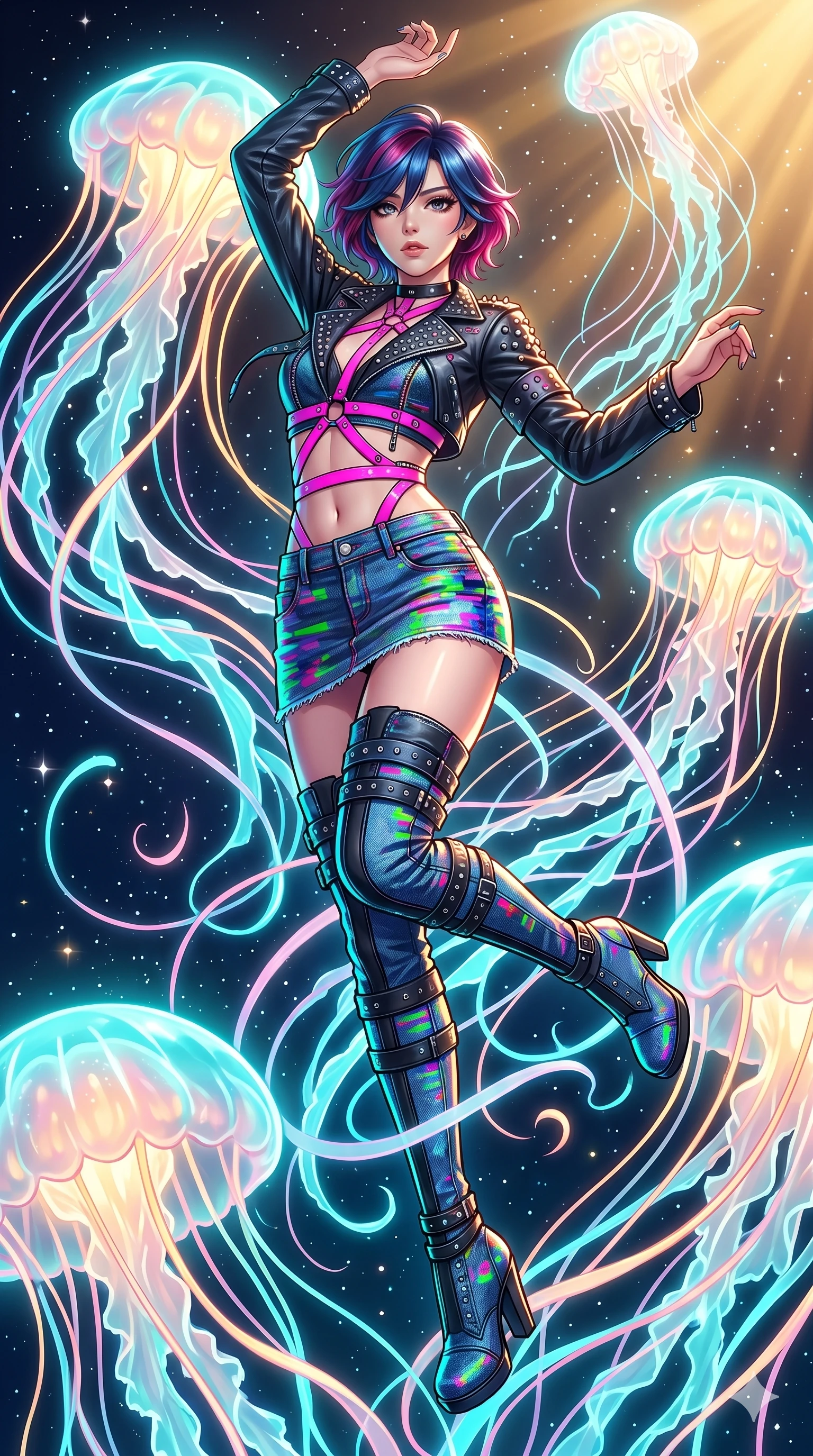 score_9, masterpiece, best quality, ultra-detailed, high-budget anime keyframe, Japanese woman. low angle full-body shot filling the entire 9:16 frame with her statuesque presence, stretching the vertical silhouette. swirling gracefully among the glowing ribbon-like tentacles of giant bioluminescent jellyfish floating in a starry sky garden. She has an absolutely perfect 8-heads proportion, an exceptionally tall and slender female figure with impossibly long slender legs and an ultra-slim waist. V-shaped jawline, high-bridge nose, intricate jewel-like eyes with depth, thick eyelashes, glossy lips with a natural sheen.. wearing a glitch denim and studded leather outfit, featuring an RGB glitch pattern denim micro-skirt, a single-sleeve cropped leather jacket, and neon pink harness straps. showcasing a beautiful play of light and shadow, with warm golden rays clashing against cool cyan highlights. 2k, ultra detail, master piece, 9:16 ratio