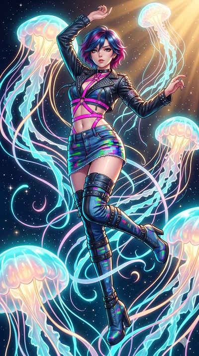 score_9, masterpiece, best quality, ultra-detailed, high-budget anime keyframe, Japanese woman. low angle full-body shot filling the entire 9:16 frame with her statuesque presence, stretching the vertical silhouette. swirling gracefully among the glo