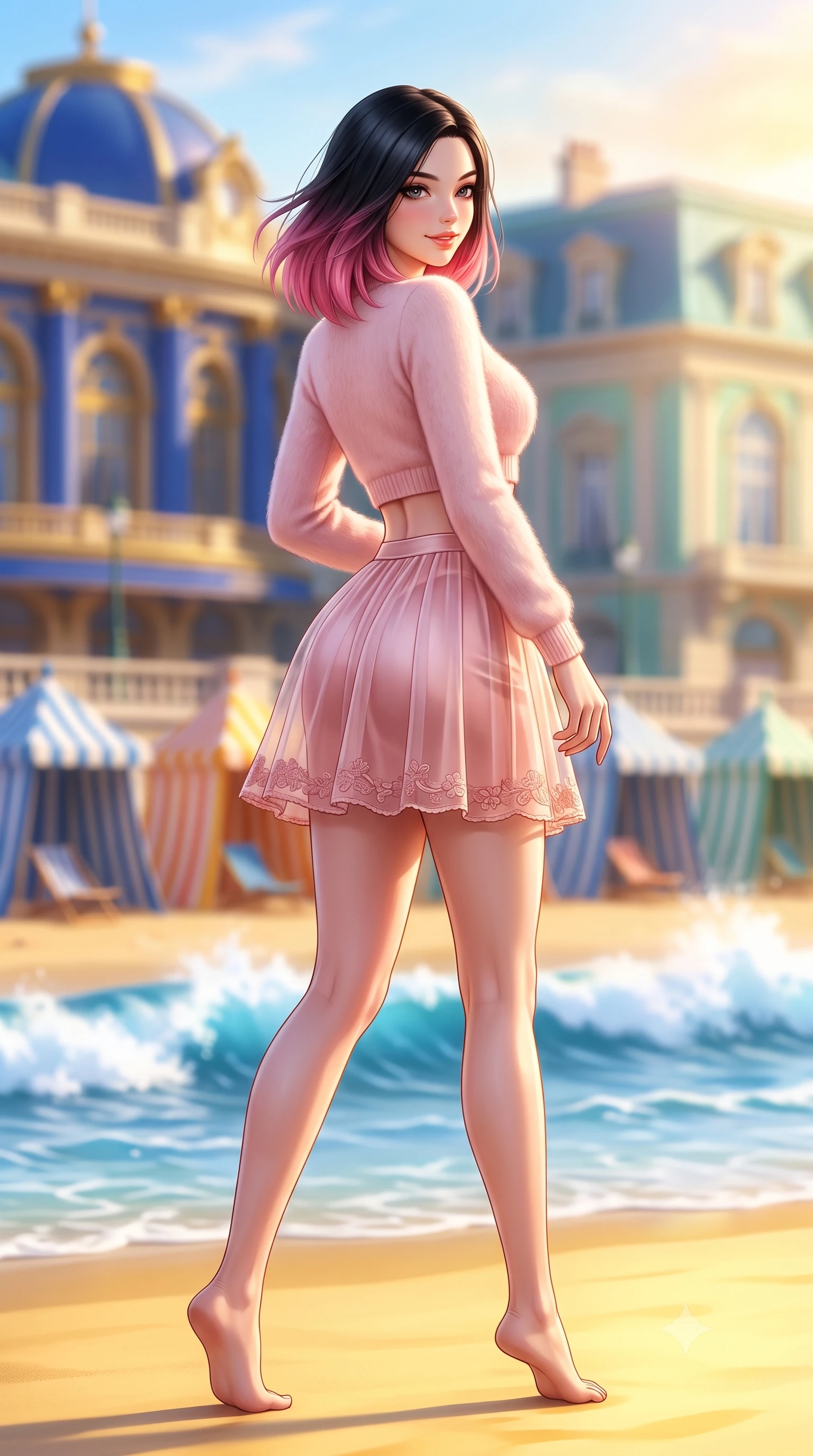 score_9, masterpiece, best quality, ultra-detailed, high-budget anime keyframe, semi-realistic 3D game render, editorial fashion photography, tasteful artistic composition, Korean woman. low angle full-body shot from head to toe showing her feet, filling the entire 9:16 vertical frame with her statuesque presence, stretching her vertical silhouette. posing with back turned slightly to the lens, glancing back with an enchanting, playful smile as she arches her lower back to emphasize her sculpted feminine hips and slender waist while striding along the grand oceanfront promenade, arching her back with an infectious, wind-kissed smile as Atlantic waves crash on golden sand. The composition keeps background elements in soft focus with dreamy creamy bokeh. crashing blue Atlantic breakers, colorful striped beach tents, and Belle Époque casino facades blurred into royal blue, gold, and seafoam bokeh. She has an exceptionally tall and slender model-like 8.5-heads proportion, an ultra-slim waist, a flat toned midriff, narrow delicate ribcage, and beautifully sculpted feminine hips creating a graceful, slim hourglass silhouette without any bulky heaviness, with impossibly long slender legs. sharp v-shaped jawline, high-bridge nose, intricate jewel-like sparkling eyes with depth, thick eyelashes, glossy parted lips with a natural peach sheen, bright cheerful beaming smile with an enchanting and coquettish sensual glint, exuding both youthful cute charm and seductive allure, flawlessly proportioned anatomical accuracy, strict slender model proportions, natural body alignment, perfectly sculpted long slender limbs, ultra-slim waistline, clean dynamic posture without body distortion. wearing a soft angora crop knit sweater with a sheer pleated organza mini skirt over an opaque silk slip in cherry blossom pink and soft rose gold, crafted from liquid-tight stretch jersey emphasizing every curve, complemented by delicate embroidered floral trim along the hem, the glove-like silhouette tightly following the natural contour of her hips and long slender legs with youthful 8.5-heads elegance. bathed in brilliant golden hour Atlantic sunlight and intense golden sand bounce fill. highly saturated vibrant anime colors, detailed shading with soft gradients, rich glossy textures, high-contrast stereoscopic depth, volumetric dynamic lighting, master piece, 9:16 ratio