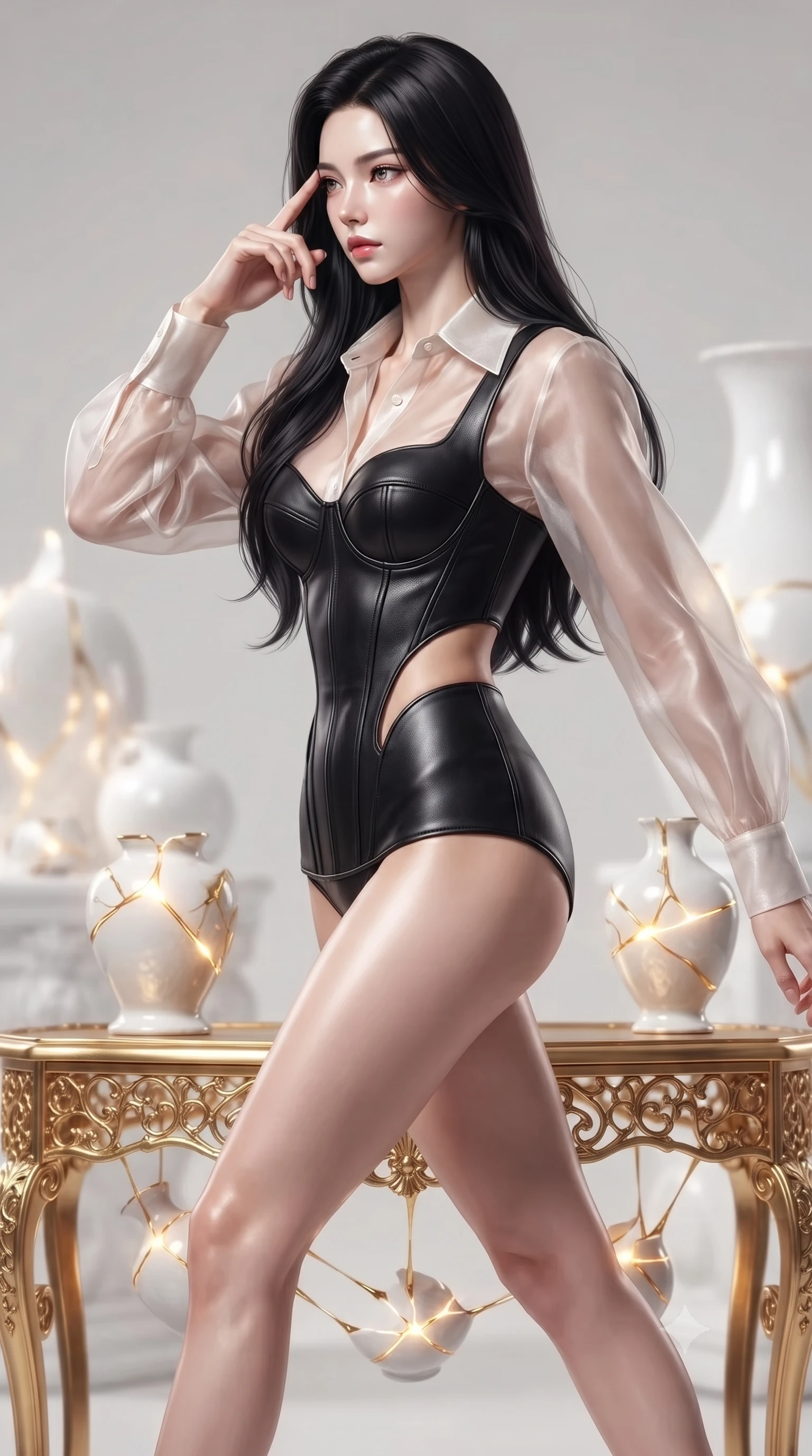 score_9, masterpiece, best quality, ultra-detailed, high-budget anime keyframe, editorial fashion photography, tasteful artistic composition, Korean woman. close-up cowboy shot from the waist and thighs up, the character dominates the composition, filling the frame with her large presence, background elements kept in soft focus. Resting her fingers gracefully near her temple, casting a sharp mysterious side-gaze during her stride while balancing on a golden filigree altar as liquid gold streams connect suspended vase fragments, luminous gold kintsugi seams glowing with intense golden inner radiance. She has an exceptionally elegant, slender, and willowy female figure with an ultra-slim waist, a gracefully sculpted slender torso, and a refined silhouette. sharp v-shaped jawline, high-bridge nose, intricate jewel-like eyes with depth, thick eyelashes, glossy lips with a natural sheen, flawlessly proportioned anatomical accuracy, natural body alignment, perfectly sculpted elegant limbs, clean dynamic posture without body distortion. wearing a tailored leather bustier over a sheer silk chiffon blouse in pearl white and rose gold, woven from fine semi-opaque sheer organza, featuring clean architectural cutouts along her slender torso, the form-contouring material highlighting her ultra-slim waist and long lines. surrounded by a majestic inner radiance highlighting glossy white porcelain. ultra-reflective glossy finish, specular highlights, metallic sheen, high-contrast stereoscopic depth, volumetric dynamic lighting, 2k, ultra detail, master piece, 9:16 ratio