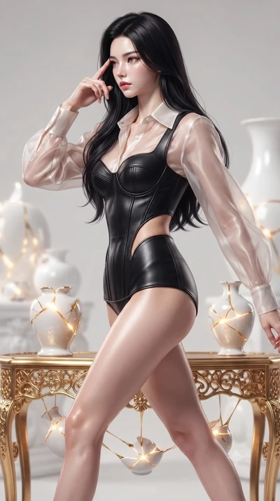 score_9, masterpiece, best quality, ultra-detailed, high-budget anime keyframe, editorial fashion photography, tasteful artistic composition, Korean woman. close-up cowboy shot from the waist and thighs up, the character dominates the composition, fi