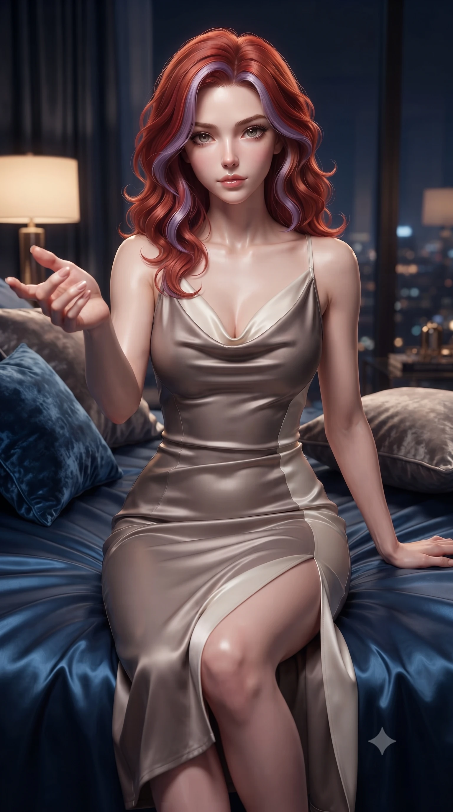 score_9, masterpiece, best quality, ultra-detailed, high-budget anime keyframe, editorial fashion photography, tasteful artistic composition, Caucasian woman. close-up cowboy shot from the waist and thighs up, the character dominates the composition, filling the frame with her large presence, background elements kept in soft focus. Reaching one hand gracefully toward the viewer with effortless superiority and allure sitting on a plush silk daybed in a high-rise luxury penthouse overlooking city lights, rich silk sheets and crushed velvet cushions reflecting warm ambient lamps. She has an exceptionally elegant, slender, and willowy female figure with an ultra-slim waist, a gracefully sculpted slender torso, and a refined silhouette. sharp v-shaped jawline, high-bridge nose, intricate jewel-like eyes with depth, thick eyelashes, glossy lips with a natural sheen. wearing an elegant cowl-neck satin midi dress with a draped neckline in muted taupe and soft ivory, made of fine carbon-fiber weave and soft matte leather, finished with a sleek side slit ascending to mid-thigh, the tailored fabric tightly following every curve of her athletic build. bathed in warm luxury ambient lighting and soft silver moonlight accents. ultra-reflective glossy finish, specular highlights, metallic sheen, high-contrast stereoscopic depth, volumetric dynamic lighting, 2k, ultra detail, master piece, 9:16 ratio
