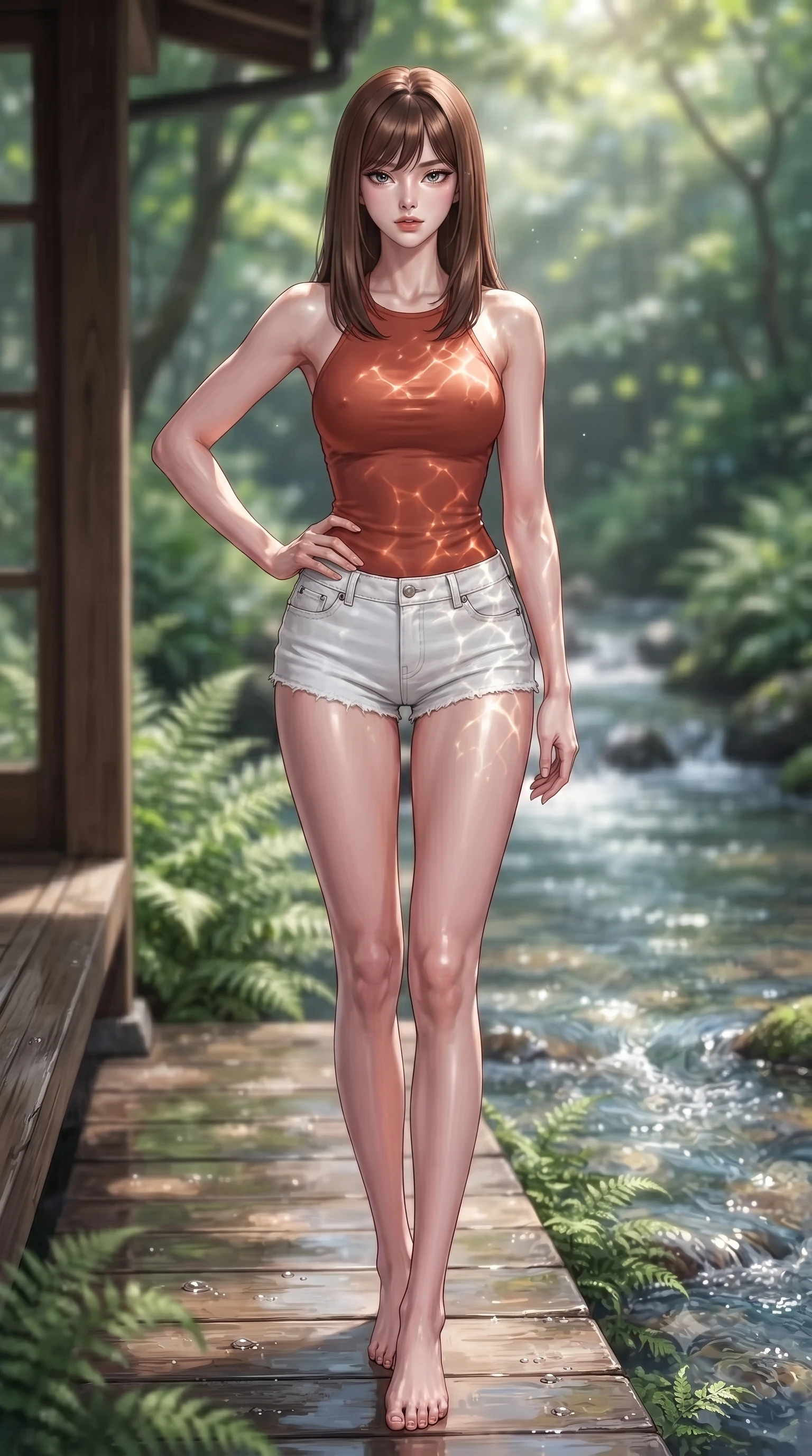 score_9, masterpiece, best quality, ultra-detailed, high-budget anime keyframe, editorial fashion photography, tasteful artistic composition, Korean woman woman. low angle full-body shot from head to toe showing her feet, filling the entire 9:16 vertical frame with her statuesque presence, stretching her vertical silhouette. posing confidently with one hand on her hip, stretching her statuesque body to emphasize her curves the background shows a soft-focus a wooden porch next to a clear mountain stream with wild ferns. She has an absolutely perfect, statuesque 8.5-heads proportion, an exceptionally tall and slender model-like female figure with impossibly long slender legs and an ultra-slim waist. sharp v-shaped jawline, high-bridge nose, intricate jewel-like eyes with depth, thick eyelashes, glossy lips with a natural sheen. wearing a body-hugging backless halter top in terracotta red, paired with white denim micro-shorts. dappled sunbeams reflecting off the moving water surface onto her form. ultra-reflective glossy finish, specular highlights, metallic sheen, high-contrast stereoscopic depth, volumetric dynamic lighting, 2k, ultra detail, master piece, 9:16 ratio