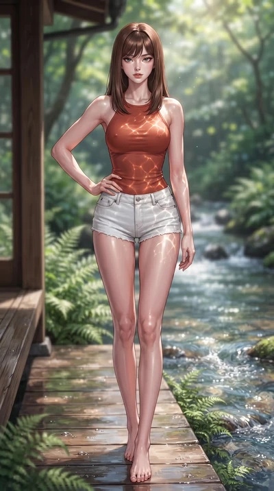 score_9, masterpiece, best quality, ultra-detailed, high-budget anime keyframe, editorial fashion photography, tasteful artistic composition, Korean woman woman. low angle full-body shot from head to toe showing her feet, filling the entire 9:16 vert