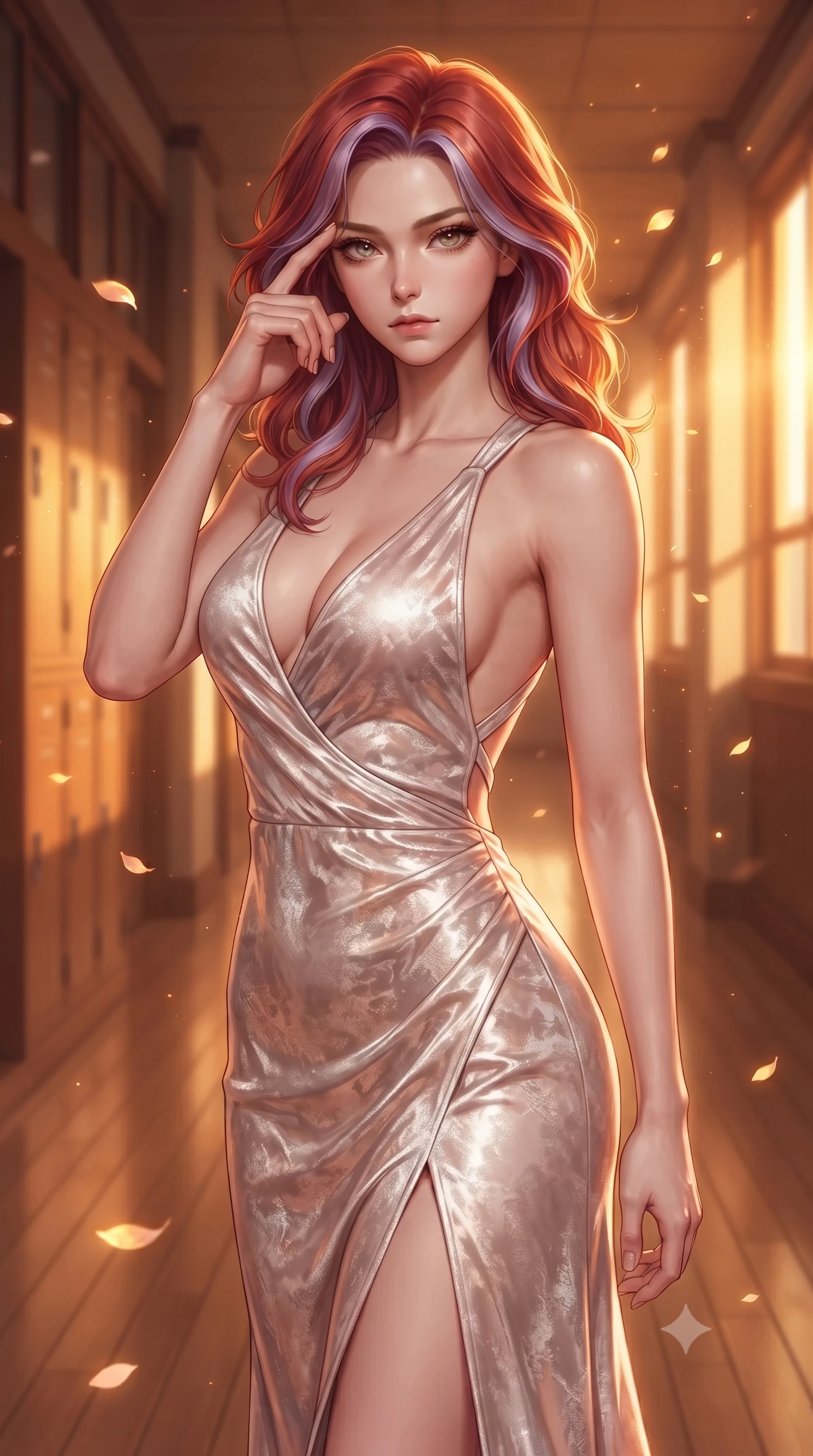 score_9, masterpiece, best quality, ultra-detailed, high-budget anime keyframe, editorial fashion photography, tasteful artistic composition, Caucasian woman. close-up cowboy shot from the waist and thighs up, the character dominates the composition, filling the frame with her large presence, background elements kept in soft focus. Pressing two fingers to her temple in a composed thoughtful gesture with an air of magnetic charisma walking down a quiet wooden school hallway illuminated by warm golden hour rays, fluttering cherry blossom petals catching warm golden sunset highlights. She has an exceptionally elegant, slender, and willowy female figure with an ultra-slim waist, a gracefully sculpted slender torso, and a refined silhouette. sharp v-shaped jawline, high-bridge nose, intricate jewel-like eyes with depth, thick eyelashes, glossy lips with a natural sheen. wearing a backless crushed velvet gown with a deep V-neckline and high thigh slit in pearl white and rose gold, crafted from smooth liquid silk, complemented by criss-cross back straps highlighting her bare shoulders, the sleek second-skin texture accentuating her magnetic presence. bathed in brilliant golden hour sunset rays and warm amber ambient light. ultra-reflective glossy finish, specular highlights, metallic sheen, high-contrast stereoscopic depth, volumetric dynamic lighting, 2k, ultra detail, master piece, 9:16 ratio