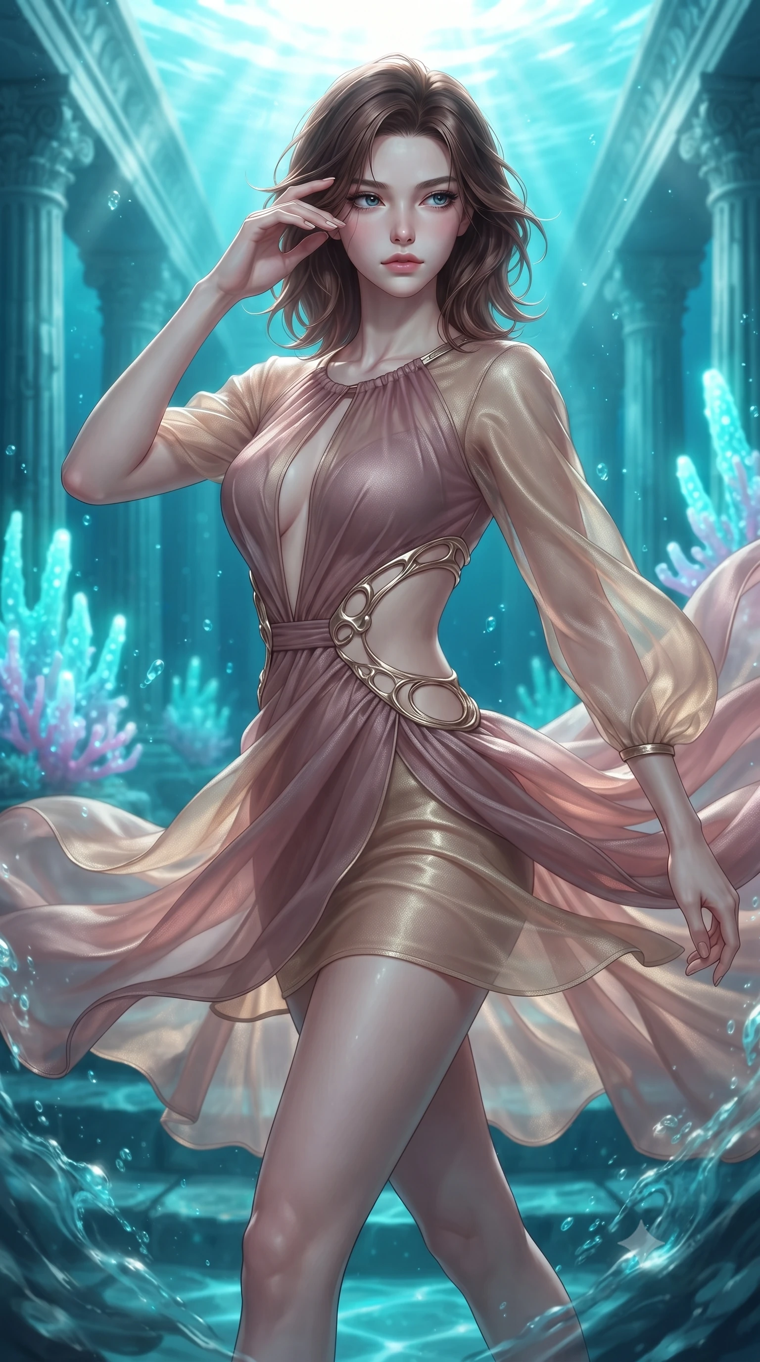 score_9, masterpiece, best quality, ultra-detailed, high-budget anime keyframe, editorial fashion photography, tasteful artistic composition, Korean woman. close-up cowboy shot from the waist and thighs up, the character dominates the composition, filling the frame with her large presence, background elements kept in soft focus. Resting her fingers gracefully near her temple, casting a sharp mysterious side-gaze during her stride while gliding dynamically through a sunken colonnade as ocean currents swirl her flowing gown, glowing aqua coral spires emitting pulsing luminescence in the background. She has an exceptionally elegant, slender, and willowy female figure with an ultra-slim waist, a gracefully sculpted slender torso, and a refined silhouette. sharp v-shaped jawline, high-bridge nose, intricate jewel-like eyes with depth, thick eyelashes, glossy lips with a natural sheen, flawlessly proportioned anatomical accuracy, natural body alignment, perfectly sculpted elegant limbs, clean dynamic posture without body distortion. wearing a dramatic open-waist cutout mini dress framed by sculptural hardware in dusty rose and champagne gold, woven from fine semi-opaque sheer organza, accented with a Tasteful chest slit framing her clavicle gracefully, the tailored fabric tightly following every curve of her athletic build. bathed in brilliant sun-drenched water rays and luminous turquoise caustic glow. ultra-reflective glossy finish, specular highlights, metallic sheen, high-contrast stereoscopic depth, volumetric dynamic lighting, 2k, ultra detail, master piece, 9:16 ratio