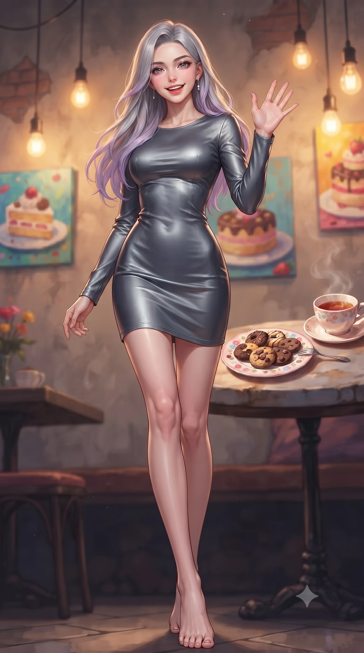 score_9, masterpiece, best quality, ultra-detailed, high-budget anime keyframe, editorial fashion photography, tasteful artistic composition, Caucasian woman. low angle full-body shot from head to toe showing her feet, filling the entire 9:16 vertical frame with her statuesque presence, stretching her vertical silhouette. stepping forward with a bright, cheerful smile, waving happily at the viewer set against a soft-focus background of in a cozy dessert cafe corner decorated with colorful cake paintings with a cute ceramic plate of chocolate cookies and a cup of tea on the table. She has an absolutely perfect, statuesque 8.5-heads proportion, an exceptionally tall and slender model-like female figure with impossibly long slender legs and an ultra-slim waist. sharp v-shaped jawline, high-bridge nose, intricate jewel-like eyes with depth, thick eyelashes, glossy lips with a natural sheen. wearing body-hugging body-hugging long-sleeve silk dress in slate grey, following her form elegantly. warm golden lighting from hanging lightbulbs creating a cozy dinner mood. ultra-reflective glossy finish, specular highlights, metallic sheen, high-contrast stereoscopic depth, volumetric dynamic lighting, 2k, ultra detail, master piece, 9:16 ratio