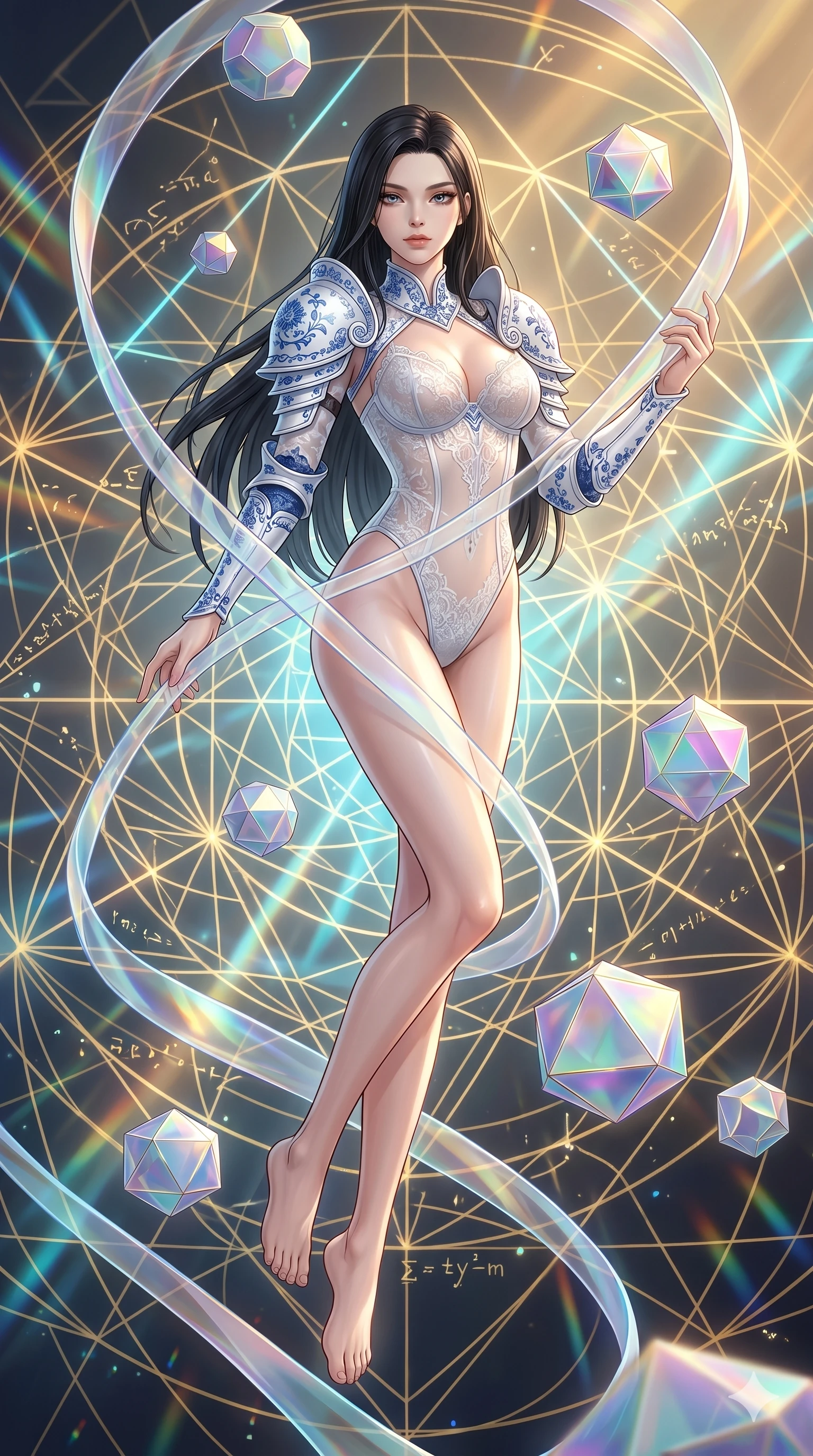 score_9, masterpiece, best quality, ultra-detailed, high-budget anime keyframe, Japanese woman. low angle full-body shot filling the entire 9:16 frame with her statuesque presence, stretching the vertical silhouette. floating gracefully in a mathematical mandala void filled with golden geometric lines of complex formulas, holding a translucent ribbon as she glides between floating regular polyhedrons. She has an absolutely perfect 8-heads proportion, an exceptionally tall and slender female figure with impossibly long slender legs and an ultra-slim waist. V-shaped jawline, high-bridge nose, intricate jewel-like eyes with depth, thick eyelashes, glossy lips with a natural sheen.. wearing a porcelain and lace armor fusion, featuring a white hard shoulder plate with blue porcelain patterns and a sheer white lace corset bodysuit with an alluring high-leg cut. showcasing a beautiful play of light and shadow, with warm golden rays clashing against cool cyan highlights. 2k, ultra detail, master piece, 9:16 ratio