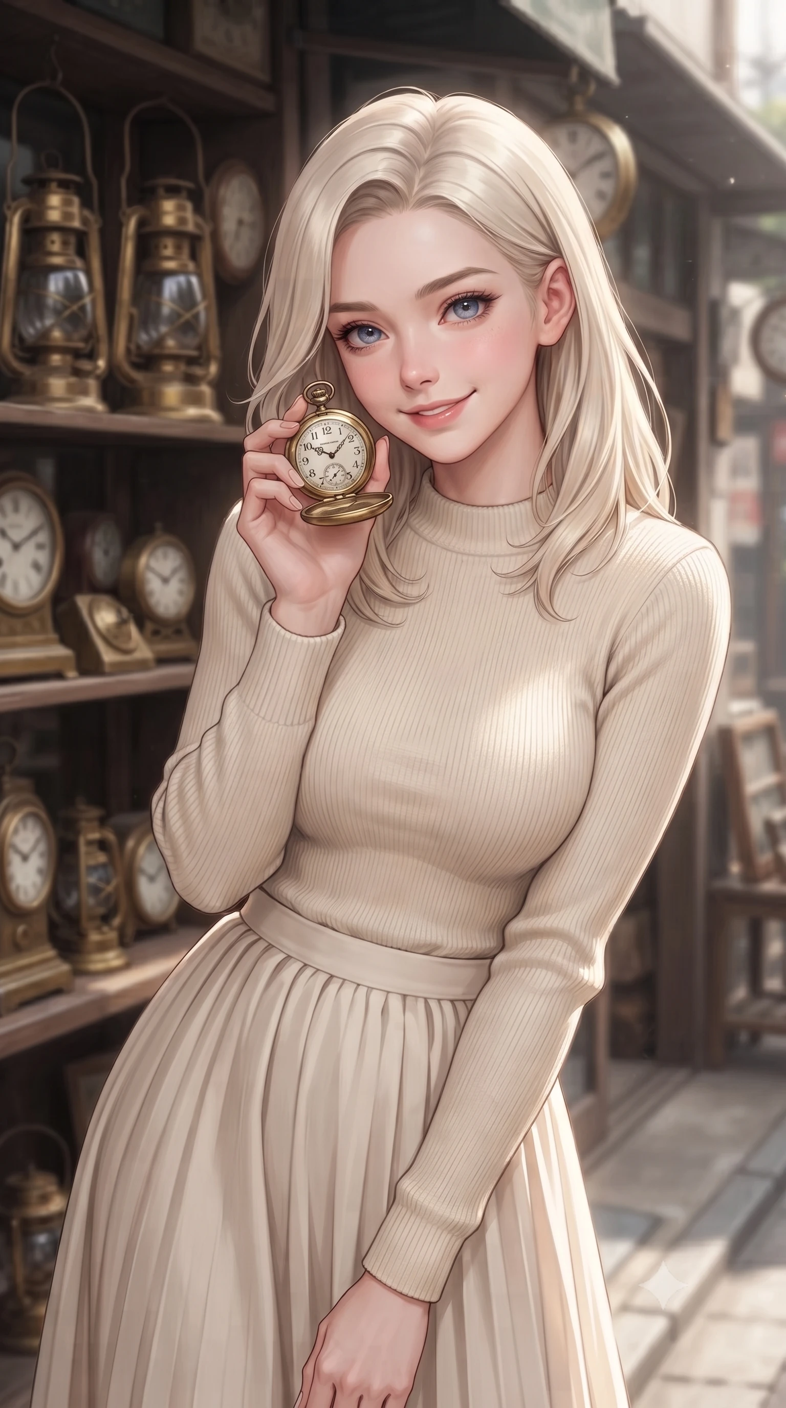 score_9, masterpiece, best quality, ultra-detailed, high-budget anime keyframe, editorial fashion photography, tasteful artistic composition, Caucasian woman. close-up cowboy shot from the waist and thighs up, the character dominates the composition, filling the frame with her large presence, background elements kept in soft focus. smiling warmly with a soft, affectionate expression, making cute eye contact set against a soft-focus background of outside a small antique shop displaying old brass lanterns and clocks holding a vintage brass pocket watch with a curious, playful look. She has an exceptionally elegant, slender, and willowy female figure with an ultra-slim waist, a gracefully sculpted slender torso, and a refined silhouette. sharp v-shaped jawline, high-bridge nose, intricate jewel-like eyes with depth, thick eyelashes, glossy lips with a natural sheen. wearing form-contouring cozy knit sweater in cream, paired with a flowy pleated midi skirt. soft diffused daylight creating a warm, cozy and nostalgic atmosphere. ultra-reflective glossy finish, specular highlights, metallic sheen, high-contrast stereoscopic depth, volumetric dynamic lighting, 2k, ultra detail, master piece, 9:16 ratio