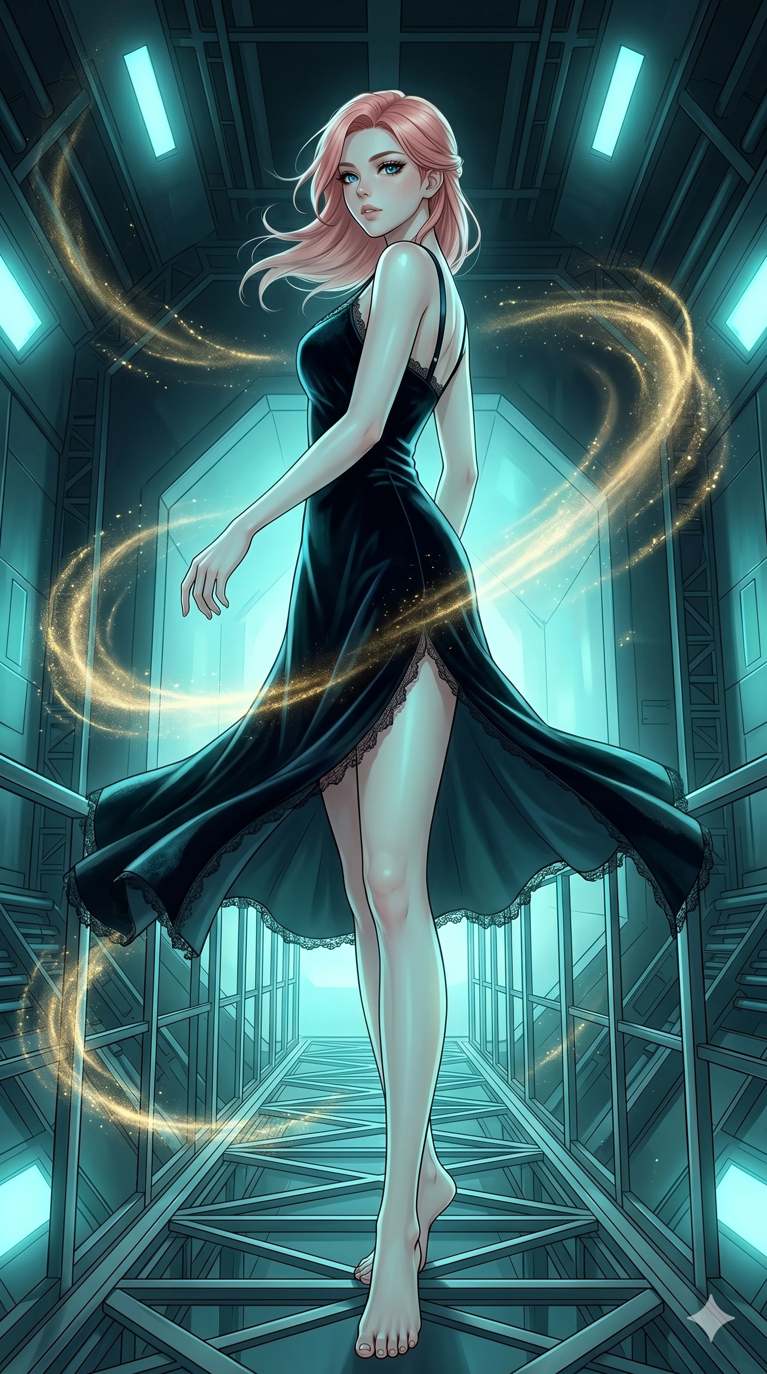 score_9, masterpiece, best quality, ultra-detailed, high-budget anime keyframe, editorial fashion photography, tasteful artistic composition, Japanese woman. low angle full-body shot from head to toe showing her feet, filling the entire 9:16 vertical frame with her statuesque presence, stretching her vertical silhouette. Spinning mid-turn with clothing caught in motion on a high-tech metal catwalk suspended inside a giant wind tunnel with swirling golden dust. She has an absolutely perfect 8-heads proportion, an exceptionally tall and slender female figure with impossibly long slender legs and an ultra-slim waist. V-shaped jawline, high-bridge nose, intricate jewel-like eyes with depth, thick eyelashes, glossy lips with a natural sheen. wearing a midnight-black velvet slip dress with thin satin straps, a V-neckline trimmed with fine lace, and an asymmetric hemline with a side slit. illuminated by soft aqua bioluminescent light that makes her skin luminously glow against the dark. 2k, ultra detail, master piece, 9:16 ratio
