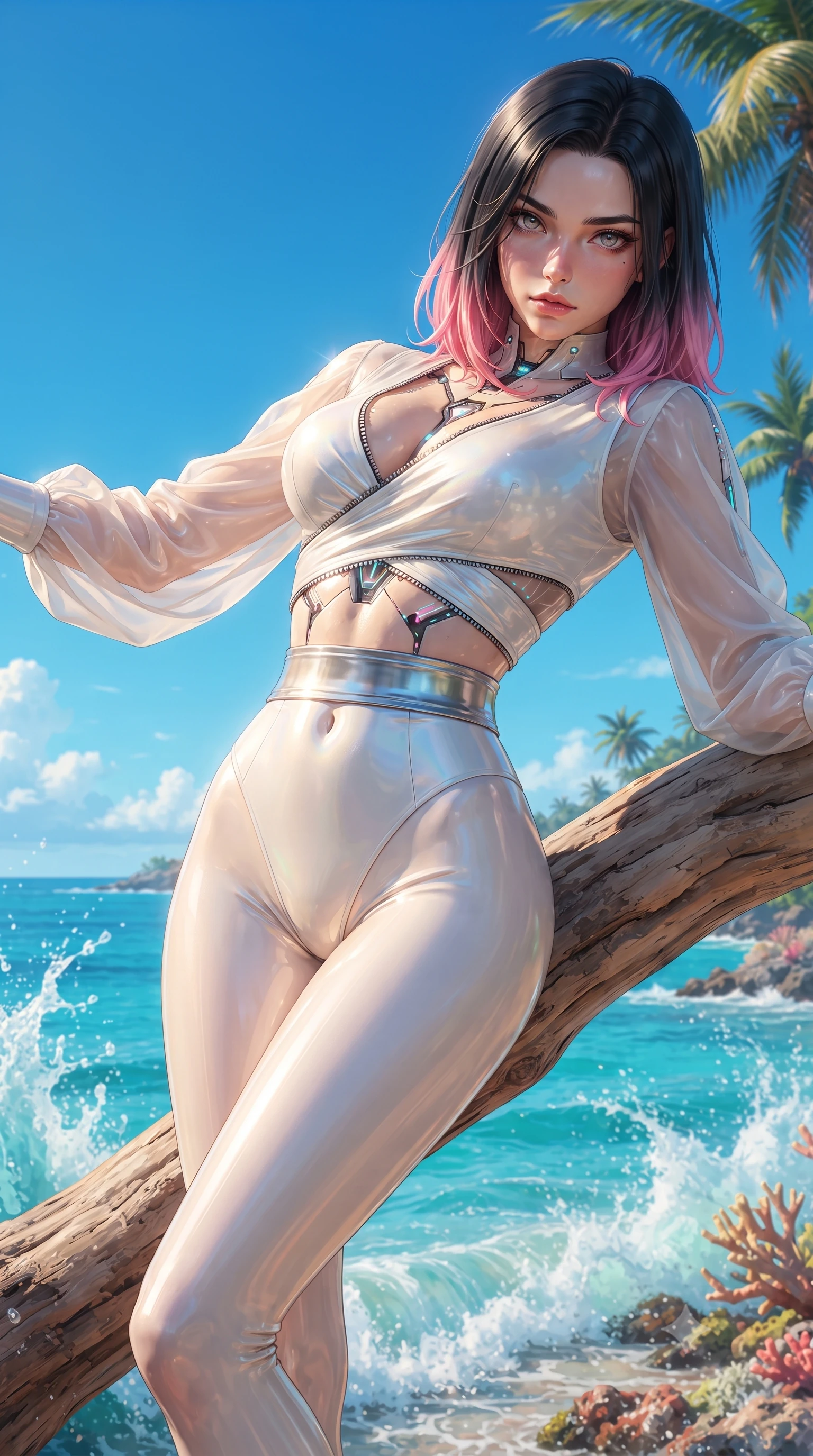 score_9, masterpiece, best quality, ultra-detailed, high-budget anime keyframe, editorial fashion photography, tasteful artistic composition, Korean woman. close-up cowboy shot from the waist and thighs up, the character dominates the composition, filling the frame with her large presence. gazing directly into the lens with bedroom eyes and a breathtaking, dangerous allure that commands the entire composition while arching her back gracefully on a sun-warmed driftwood branch with the sparkling coral sea stretching behind. The surrounding environment is rendered in vivid detail and crisp panoramic clarity. sharp splashing sea foam crests, tropical palm fronds, and clear azure sky in panoramic clarity. She has an exceptionally elegant, slender, and willowy female figure with an ultra-slim waist, a gracefully sculpted slender torso, toned flat midriff, and a refined slim silhouette. sharp v-shaped jawline, high-bridge nose, intricate jewel-like eyes with depth, thick eyelashes, glossy lips with a natural sheen, flawlessly proportioned anatomical accuracy, strict slender model proportions, natural body alignment, perfectly sculpted long slender limbs, ultra-slim waistline, clean dynamic posture without body distortion. wearing a shortened cyber-fusion wrap top with transparent chiffon panels, a deep crossover neckline, and a high-waisted metallic sash that accentuates her ultra-slim waist in glistening liquid pearl white with rainbow opalescence, crafted from ultra-reflective second-skin latex with a high-gloss glass-like polish, featuring a dangerously unzipped neckline framed by glowing cybernetic accents, the form-contouring material adhering flawlessly to her sculpted flat midriff and slender torso, emphasizing her long leg lines and perfectly proportioned willowy build. illuminated by pure sky radiance with crisp golden rim lights accentuating her silhouette. ultra-reflective glossy finish, specular highlights, metallic sheen, high-contrast stereoscopic depth, volumetric dynamic lighting, 2k, ultra detail, master piece, 9:16 ratio