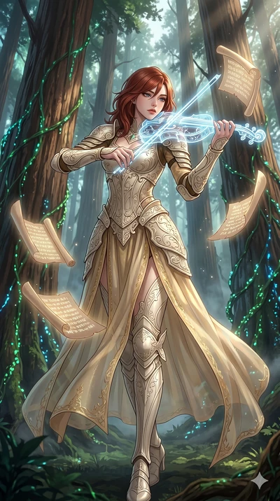 score_9, masterpiece, best quality, ultra-detailed, Set A: High-budget Anime Keyframe, Korean woman. Low angle cowboy shot filling the entire 9:16 frame with her statuesque presence. Theme: Primal Nature. playing a holographic violin in a giant redwo