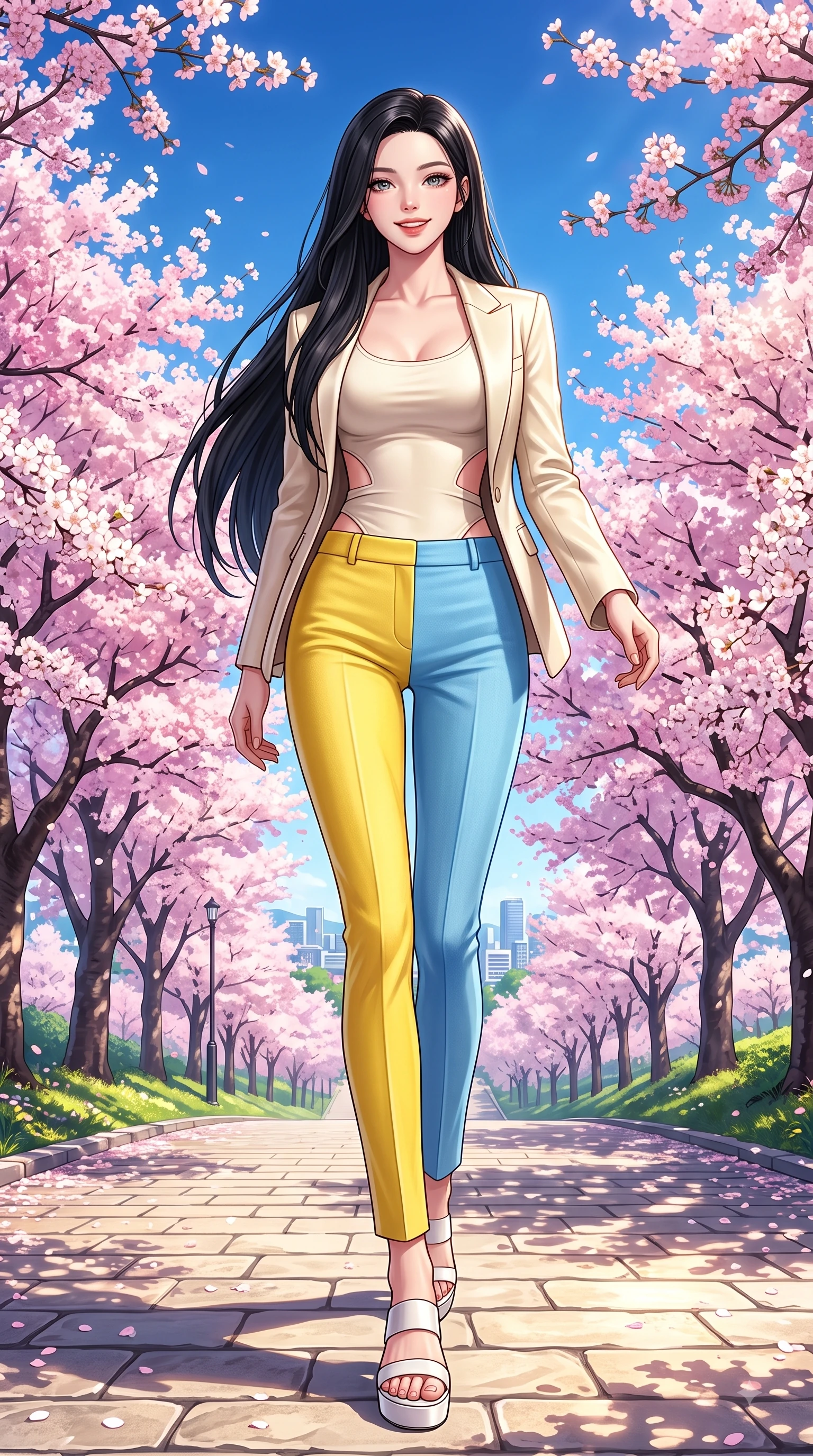 score_9, masterpiece, best quality, ultra-detailed, high-budget anime keyframe, editorial fashion photography, tasteful artistic composition, Korean woman. low angle full-body shot from head to toe showing her feet, filling the entire 9:16 vertical frame with her statuesque presence, stretching her vertical silhouette. stepping forward gracefully in mid-motion with a delighted cute expression, displaying her statuesque model proportions while walking up a sunlit hill path lined with blooming cherry trees in full spring bloom. The surrounding environment is rendered in vivid detail and crisp panoramic clarity. endless pink sakura tree arcades, sunlit stone pathways, and clear blue sky in deep focus. She has an absolutely perfect, statuesque 8.5-heads proportion, an exceptionally tall and slender model-like female figure with impossibly long slender legs and an ultra-slim waist. sharp v-shaped jawline, high-bridge nose, intricate jewel-like eyes with depth, thick eyelashes, glossy lips with a natural sheen, flawlessly proportioned anatomical accuracy, natural body alignment, perfectly sculpted elegant limbs, clean dynamic posture without body distortion. wearing a tailored cream silk blazer over a fitted scoop-neck camisole and slacks in sunny canary yellow and clear sky blue, knitted from soft cozy cashmere yarn, complemented by clean architectural cutouts along her slender torso, the tailored fabric tightly following every curve of her athletic build. surrounded by a fresh, sweet, and nostalgic spring park atmosphere. highly saturated vibrant anime colors, detailed shading with soft gradients, rich glossy textures, high-contrast stereoscopic depth, volumetric dynamic lighting, master piece, 9:16 ratio
