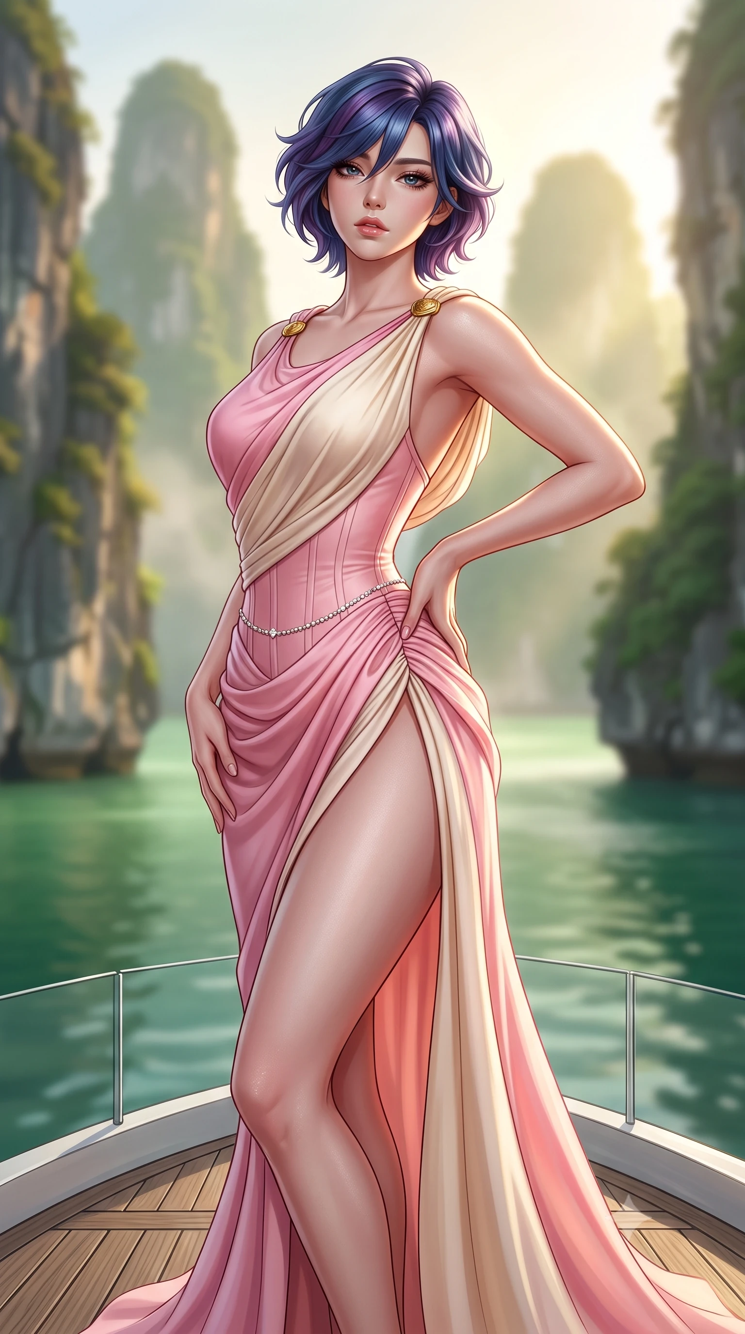 score_9, masterpiece, best quality, ultra-detailed, high-budget anime keyframe, semi-realistic 3D game render, editorial fashion photography, tasteful artistic composition, Korean woman. close-up cowboy shot from the waist and thighs up, the character dominates the composition, filling the frame with her large presence. arching her spine backward with effortless dancer poise, one hand sliding along her hip line as directional light carves specular highlights along her silhouette while standing poised on the forward observation deck with one hand on her hip, her silk dress fluttering in the morning sea breeze as towering limestone pillars surround her. The composition keeps background elements in soft focus with creamy bokeh. towering jagged limestone karst pinnacles and jade green bay waters blurred into emerald, misty gold, and soft moss bokeh. She has an exceptionally elegant, slender, and willowy female figure with an ultra-slim waist, flat toned midriff, narrow ribcage, and sculpted feminine hips creating an alluring, slim hourglass silhouette without bulk. sharp v-shaped jawline, high-bridge nose, intricate jewel-like eyes with depth, thick eyelashes, glossy parted lips with a natural sheen, intensely captivating and seductive bedroom-eyes expression, flawlessly proportioned anatomical accuracy, strict slender model proportions, natural body alignment, perfectly sculpted long slender limbs, ultra-slim waistline, clean dynamic posture without body distortion. wearing a high-slit Grecian goddess draped gown with asymmetrical gold shoulder clasps and hip gathering in sakura blossom pink and warm ivory, made of fluid silk crepe with delicate inner corsetry boning, accented with a dainty diamond waist chain catching the ambient light reflections, the glove-like aerodynamic silhouette tightly following the natural contour of her hips and long slender legs with statuesque 8.5-heads elegance. bathed in soft golden dawn sunlight filtering through sea mist between colossal limestone pillars. highly saturated vibrant anime colors, detailed shading with soft gradients, rich glossy textures, high-contrast stereoscopic depth, volumetric dynamic lighting, master piece, 9:16 ratio