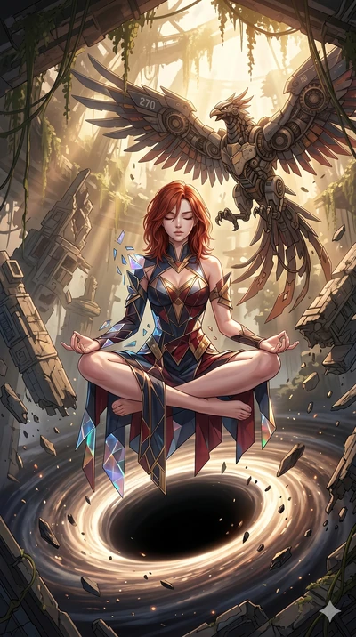 score_9, masterpiece, best quality, ultra-detailed, Set A: High-budget Anime Keyframe, Caucasian (human ears) woman. Low angle cowboy shot filling the entire 9:16 frame with her statuesque presence. Theme: Urban Decay. meditating in the edge of a bla