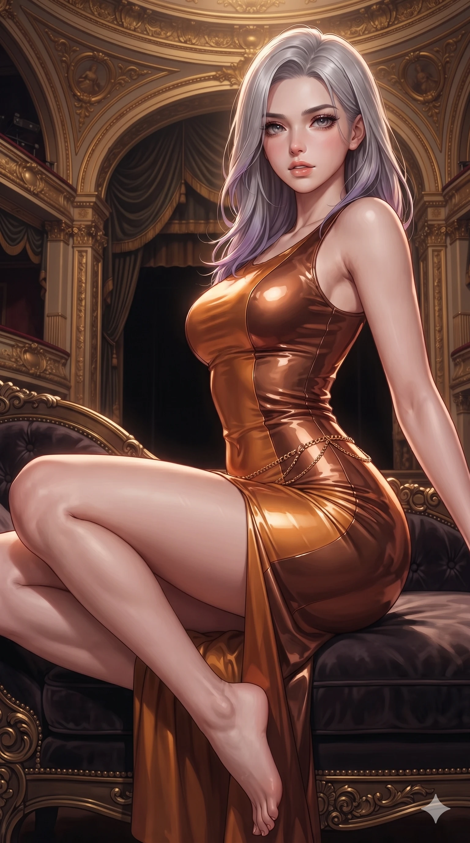 score_9, masterpiece, best quality, ultra-detailed, high-budget anime keyframe, semi-realistic 3D game render, editorial fashion photography, tasteful artistic composition, Caucasian woman. close-up cowboy shot from the waist and thighs up, the character dominates the composition, filling the frame with her large presence. perched sideways on the lounge seat, one knee drawn up to showcase her slender leg line while her arched back accentuates her feminine hip curve while twisting her slender torso in an alluring contrapposto stance, dramatic stage spotlights wrapping around her narrow waist and curvy hips with anime flair. The surrounding environment is rendered in vivid detail and crisp panoramic clarity: detailed anime keyframe lines, rich fabric textures, and monumental royal opera architecture in razor-sharp precision. She has an exceptionally elegant, slender, and willowy female figure with an ultra-slim waist, flat toned midriff, narrow ribcage, and sculpted feminine hips creating an alluring, slim hourglass silhouette without bulk. sharp v-shaped jawline, high-bridge nose, intricate jewel-like eyes with depth, thick eyelashes, glossy parted lips with a natural sheen, intensely captivating and seductive bedroom-eyes expression, flawlessly proportioned anatomical accuracy, strict slender model proportions, natural body alignment, perfectly sculpted long slender limbs, ultra-slim waistline, clean dynamic posture without body distortion. wearing a form-fitting liquid mercury jersey evening dress clinging smoothly to her narrow waist and rounded hips in rich copper bronze and warm amber, tailored from high-gloss patent leather with mirror-like specular highlights, accented with a delicate gold chain belt resting loosely on her curvy hips, the bespoke structured tailoring following the natural line of her 8.5-heads silhouette with refined elegance. highly saturated vibrant anime colors, dramatic stage rim lights sculpting her razor-sharp jawline and feminine curves. highly saturated vibrant anime colors, detailed shading with soft gradients, rich glossy textures, high-contrast stereoscopic depth, volumetric dynamic lighting, master piece, 9:16 ratio