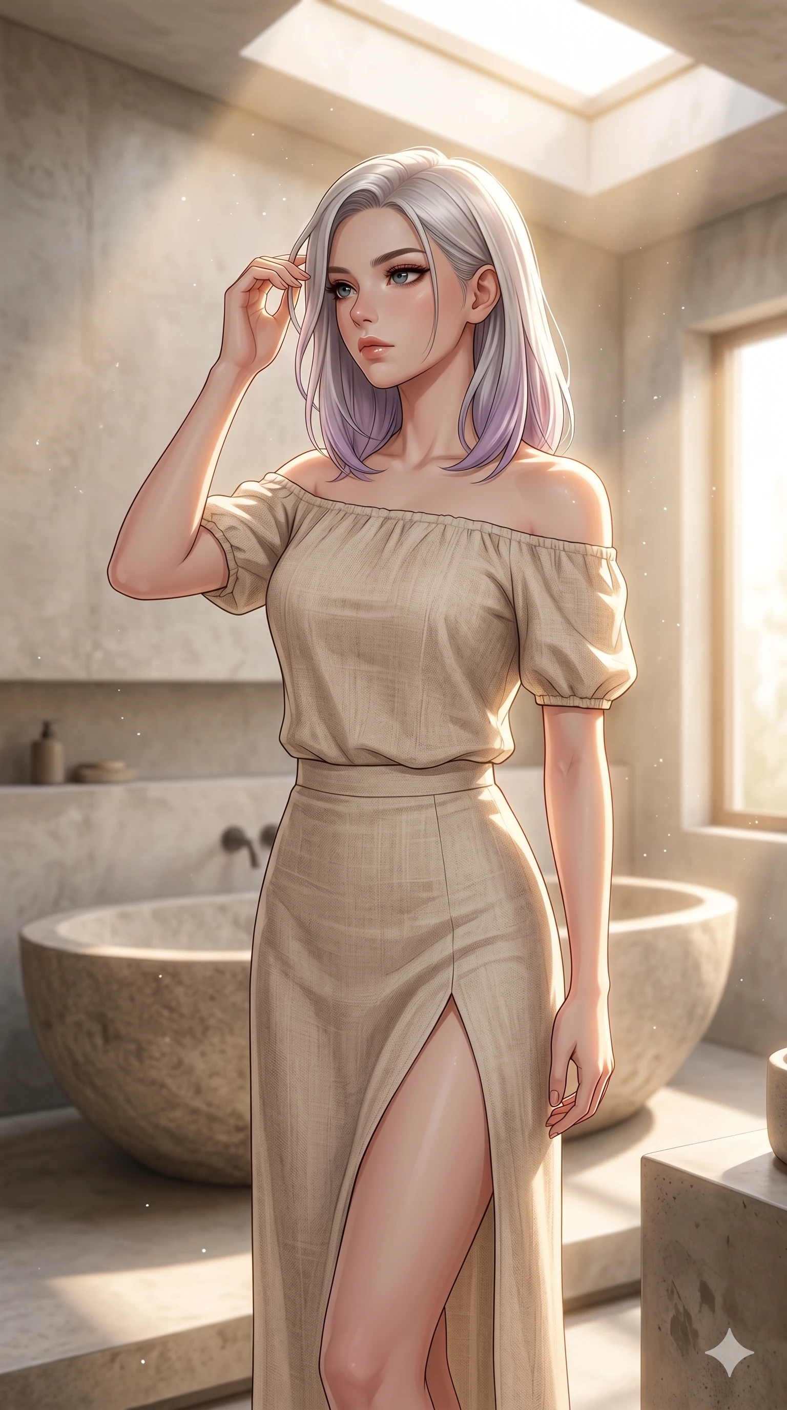 score_9, masterpiece, best quality, ultra-detailed, high-budget anime keyframe, editorial fashion photography, tasteful artistic composition, Caucasian woman, strictly human ears. cowboy shot from the thighs up, character and outfit filling the frame for maximum editorial presence. wiping a lock of hair from her forehead, her expression cool and contemplative as she turns her head inside a sun-washed minimalist bathroom with a large stone tub and warm sunbeams filtering through skylight (Code-P119). She has an absolutely perfect 8-heads proportion, an exceptionally tall and slender female figure with impossibly long slender legs and an ultra-slim waist. V-shaped jawline, high-bridge nose, intricate jewel-like eyes with depth, thick eyelashes, glossy lips with a natural sheen. wearing a beige off-shoulder top showing her elegant clavicle lines, and a split linen skirt. bathed in soft morning sunbeams flowing into the room, creating a bright, glowing atmosphere. 2k, ultra detail, master piece, 9:16 ratio