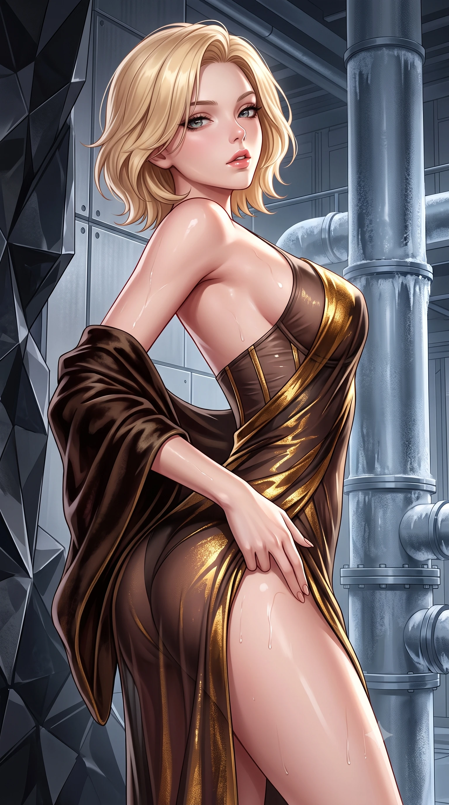 score_9, masterpiece, best quality, ultra-detailed, high-budget anime keyframe, semi-realistic 3D game render, editorial fashion photography, tasteful artistic composition, Caucasian woman. close-up cowboy shot from the waist and thighs up, the character dominates the composition, filling the frame with her large presence. arching her spine backward with effortless dancer poise, one hand sliding along her hip line as directional light carves specular highlights along her silhouette while twisting her slender torso in an alluring S-curve beside giant cooling conduits, turning to look back over a bare shoulder with parted glossy lips. The surrounding environment is rendered in vivid detail and crisp panoramic clarity. sharp obsidian stone facets, titanium panel seams, and cooling pipe frost condensation in deep focus. She has an exceptionally elegant, slender, and willowy female figure with an ultra-slim waist, flat toned midriff, narrow ribcage, and sculpted feminine hips creating an alluring, slim hourglass silhouette without bulk. sharp v-shaped jawline, high-bridge nose, intricate jewel-like eyes with depth, thick eyelashes, glossy parted lips with a natural sheen, intensely captivating and seductive bedroom-eyes expression, flawlessly proportioned anatomical accuracy, strict slender model proportions, natural body alignment, perfectly sculpted long slender limbs, ultra-slim waistline, clean dynamic posture without body distortion. wearing a delicate semi-translucent silk yukata that clings to her wet skin and curvy hip contours in dark espresso brown and molten gold foil, made of fluid silk crepe with delicate inner corsetry boning, complemented by a plush velvet shawl draped loosely over her elbows, the second-skin form-contouring cut accentuating her sculpted flat midriff, narrow delicate ribcage, and gracefully curvy hips with supermodel precision. illuminated by high-contrast specular rim lights sharply sculpting her razor-sharp jawline, narrow waist, and curvy hips. highly saturated vibrant anime colors, detailed shading with soft gradients, rich glossy textures, high-contrast stereoscopic depth, volumetric dynamic lighting, master piece, 9:16 ratio