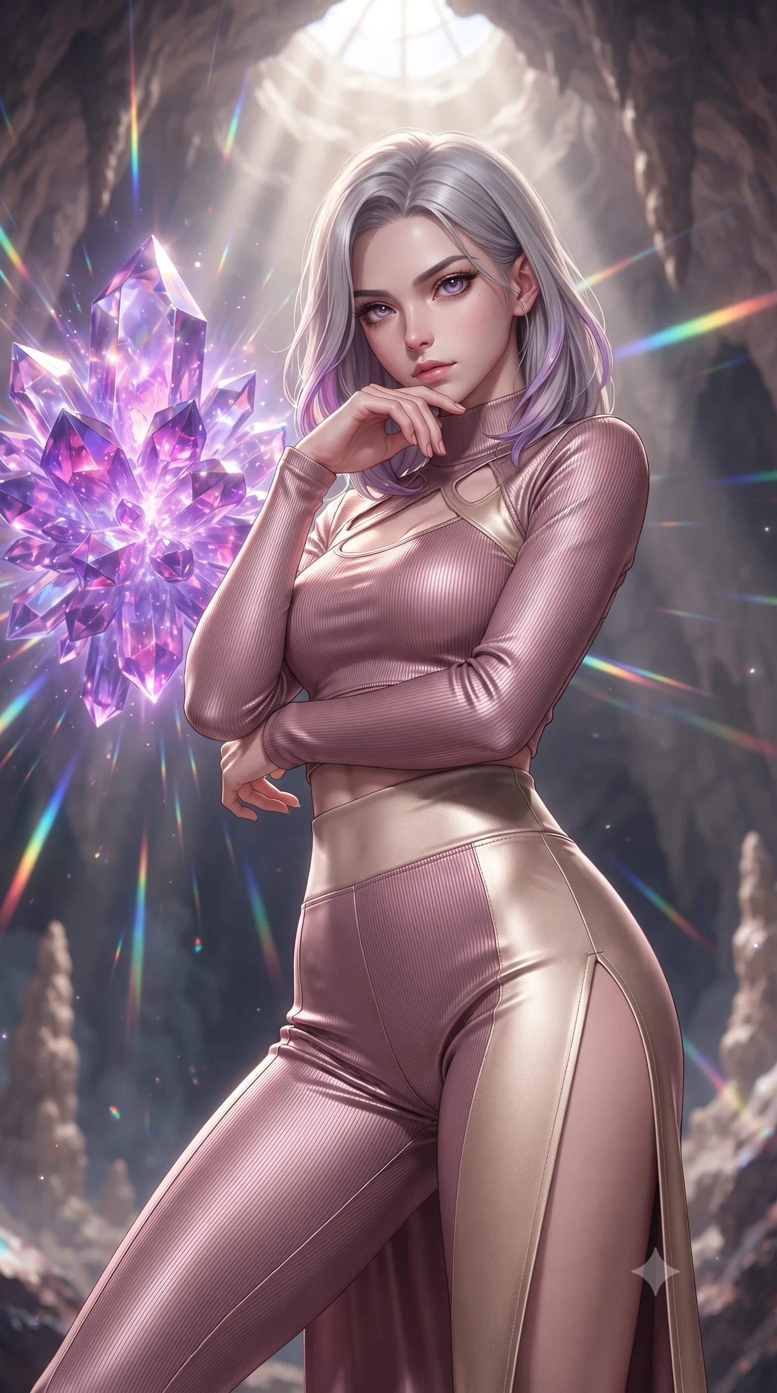 score_9, masterpiece, best quality, ultra-detailed, high-budget anime keyframe, editorial fashion photography, tasteful artistic composition, Caucasian woman. close-up cowboy shot from the waist and thighs up, the character dominates the composition, filling the frame with her large presence, background elements kept in soft focus. Resting her chin on the backs of her fingers, casting a sharp, mysterious gaze touching a giant floating violet crystal cluster emitting pulsing energy, massive violet and magenta crystal facets scattering prismatic light rays. She has an exceptionally elegant, slender, and willowy female figure with an ultra-slim waist, a gracefully sculpted slender torso, and a refined silhouette. sharp v-shaped jawline, high-bridge nose, intricate jewel-like eyes with depth, thick eyelashes, glossy lips with a natural sheen. wearing a form-fitting ribbed activewear set with collar cutouts in dusty rose and champagne gold, crafted from lustrous satin jersey with fluid draping, finished with a sleek side slit ascending to mid-thigh, the elegant draped fit framing her graceful clavicle and slender torso. bathed in brilliant prismatic light filtering from a natural cavern skylight. ultra-reflective glossy finish, specular highlights, metallic sheen, high-contrast stereoscopic depth, volumetric dynamic lighting, 2k, ultra detail, master piece, 9:16 ratio