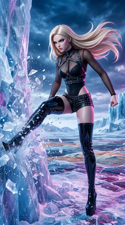 score_9, masterpiece, best quality, ultra-detailed, semi-realistic 3D game render, high-fidelity textures, Unreal Engine 5 style, Caucasian (strictly human ears) woman. Low angle cowboy shot capturing a powerful motion and statuesque presence. shatte