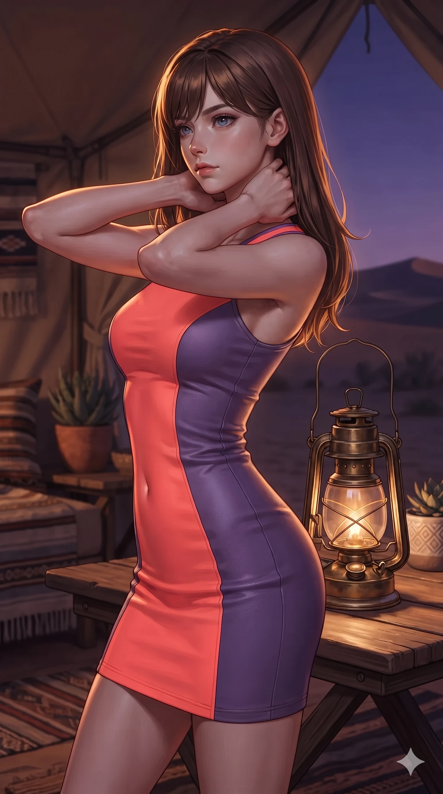 score_9, masterpiece, best quality, ultra-detailed, high-budget anime keyframe, editorial fashion photography, tasteful artistic composition, Korean woman. close-up cowboy shot from the waist and thighs up, the character dominates the composition, filling the frame with her large presence. resting both hands lightly behind her neck with elbows raised, arching her spine to highlight her narrow waist, flat midriff, and breathtaking collarbones while twisting her slender torso in an alluring S-curve beside an antique brass kerosene lantern, flickering golden light tracing her narrow waist and curvy hips. The surrounding environment is rendered in vivid detail and crisp panoramic clarity: detailed lace-up suede bustier tailoring, silver concho waist chain, and luxury desert glamping decor in razor-sharp resolution. She has an exceptionally elegant, slender, and willowy female figure with an ultra-slim waist, flat toned midriff, narrow ribcage, and sculpted feminine hips creating an alluring, slim hourglass silhouette without bulk. sharp v-shaped jawline, high-bridge nose, sparkling eyes with hypnotic seductive depth, thick curled eyelashes, glossy parted lips with a natural dewy peach sheen, alluring bedroom-eyes with an enchanting coquettish smile, exuding magnetic siren charisma and sophisticated glamour, flawlessly proportioned anatomical accuracy, strict slender model proportions, natural body alignment, perfectly sculpted long slender limbs, ultra-slim waistline, clean dynamic posture without body distortion. wearing a glove-like stretch lambskin leather racer mini dress with double-ended front zipper and waist-cinching seams in blazing neon coral and desert twilight violet, crafted from supple double-faced desert suede with an exceptionally soft matte finish, featuring an open-back criss-cross harness strap in dark leather, the form-contouring cut accentuating her sculpted flat midriff, narrow delicate ribcage, and gracefully curvy hips with intoxicating allure. illuminated by timber deck bounce and sharp amber-bronze rim lights defining her razor-sharp jawline, narrow waist, and curvy hips. ultra-reflective glossy finish, specular highlights, rich textural contrasts, high-contrast stereoscopic depth, volumetric dynamic lighting, 2k, ultra detail, master piece, 9:16 ratio