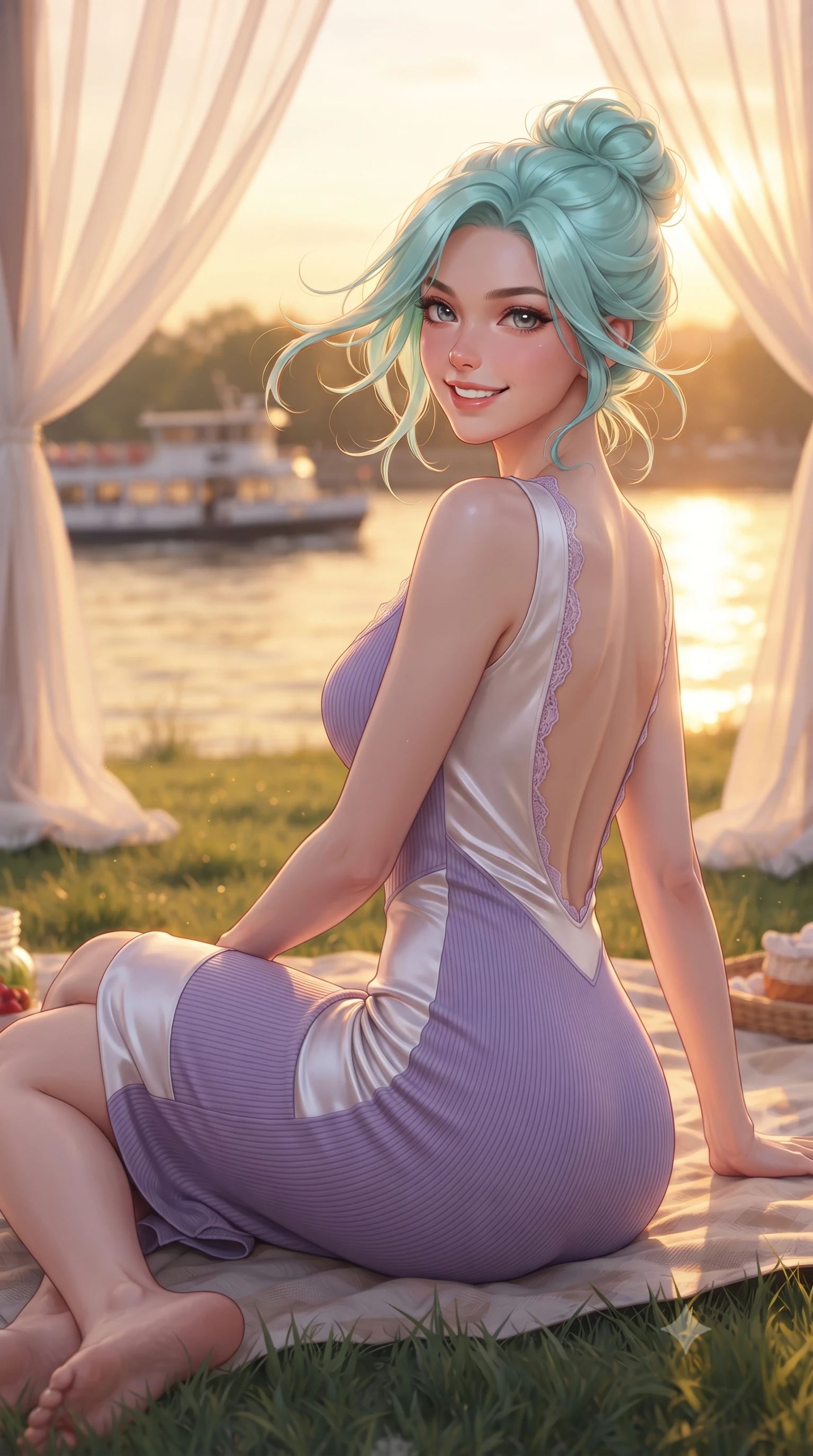 score_9, masterpiece, best quality, ultra-detailed, high-budget anime keyframe, editorial fashion photography, tasteful artistic composition, Japanese woman. close-up cowboy shot from the waist and thighs up, the character dominates the composition, filling the frame with her large presence. turning playfully with a bright confident smile, her glossy hair tossing in the breeze as her hips angle gracefully in a captivating contrapposto while reclining on the soft grass with one knee drawn up, her long slender legs and curvy hips sculpted by the warm golden hour twilight. The composition keeps background elements in soft focus with dreamy creamy bokeh. sheer white picnic canopy drapes and passing river ferries softened in romantic shallow focus. She has an exceptionally elegant, slender, and willowy female figure with an ultra-slim waist, flat toned midriff, narrow ribcage, and sculpted feminine hips creating an alluring, slim hourglass silhouette without bulk. sharp v-shaped jawline, high-bridge nose, intricate jewel-like sparkling eyes with depth, thick eyelashes, glossy parted lips with a natural peach sheen, bright cheerful beaming smile with an enchanting and coquettish sensual glint, exuding both youthful cute charm and seductive allure, flawlessly proportioned anatomical accuracy, strict slender model proportions, natural body alignment, perfectly sculpted long slender limbs, ultra-slim waistline, clean dynamic posture without body distortion. wearing a form-contouring ribbed knit bodycon midi dress with an open back scoop descending to the base of her spine in delicate lavender violet and pearlescent white, made of smooth fluid silk satin with a delicate pearlescent sheen, finished with delicate lace scallop edging along the neckline, the high-waisted tailoring accentuating her ultra-slim waistline and the enchanting curve of her feminine hips with alluring charm. bathed in breathtaking golden hour sunset backlighting painting the river in molten gold. ultra-reflective glossy finish, specular highlights, rich textural contrasts, high-contrast stereoscopic depth, volumetric dynamic lighting, 2k, ultra detail, master piece, 9:16 ratio